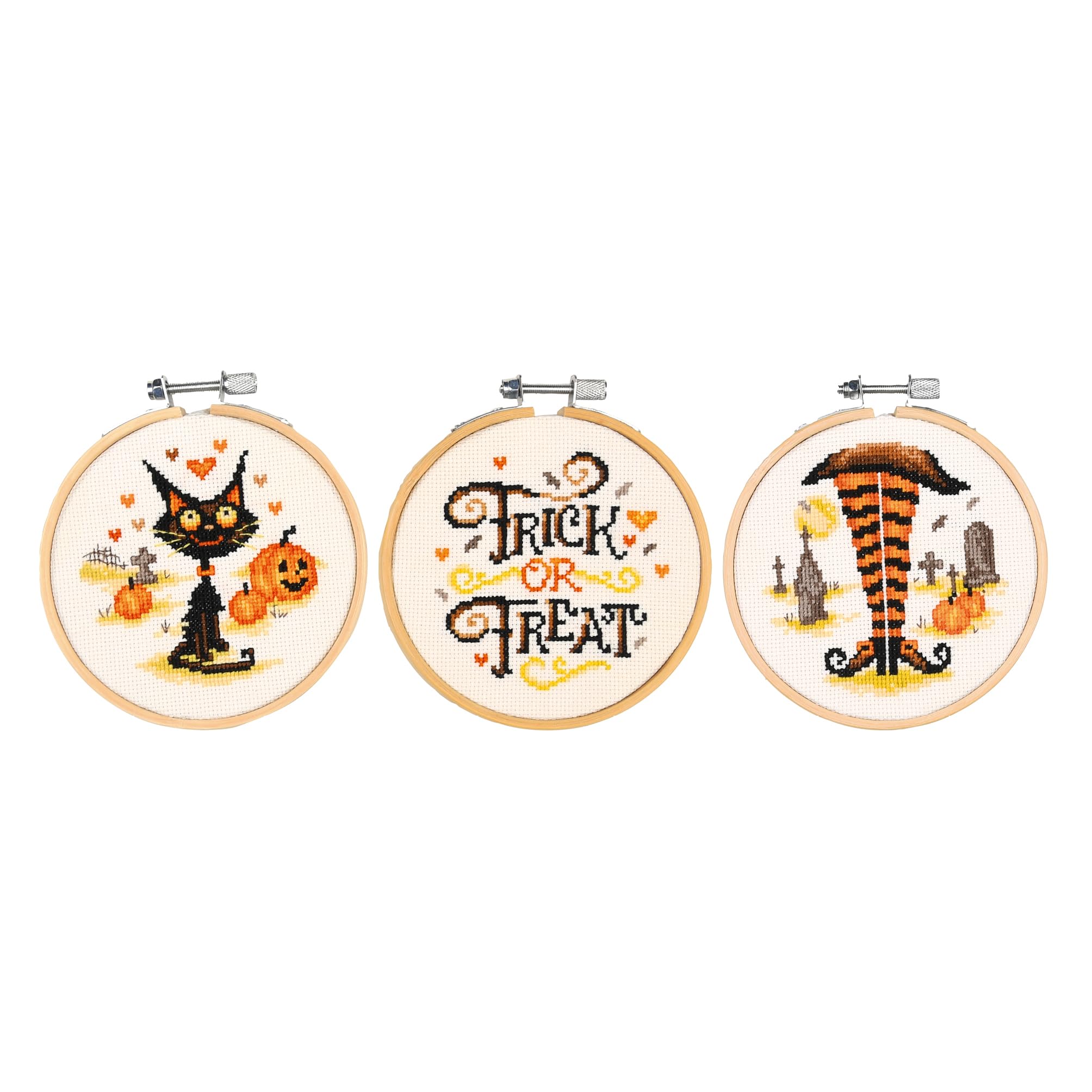 Kreuzstich Stickpackung Halloween 3er Set mit Stickrahmen, Zählmuster, 10x10cm