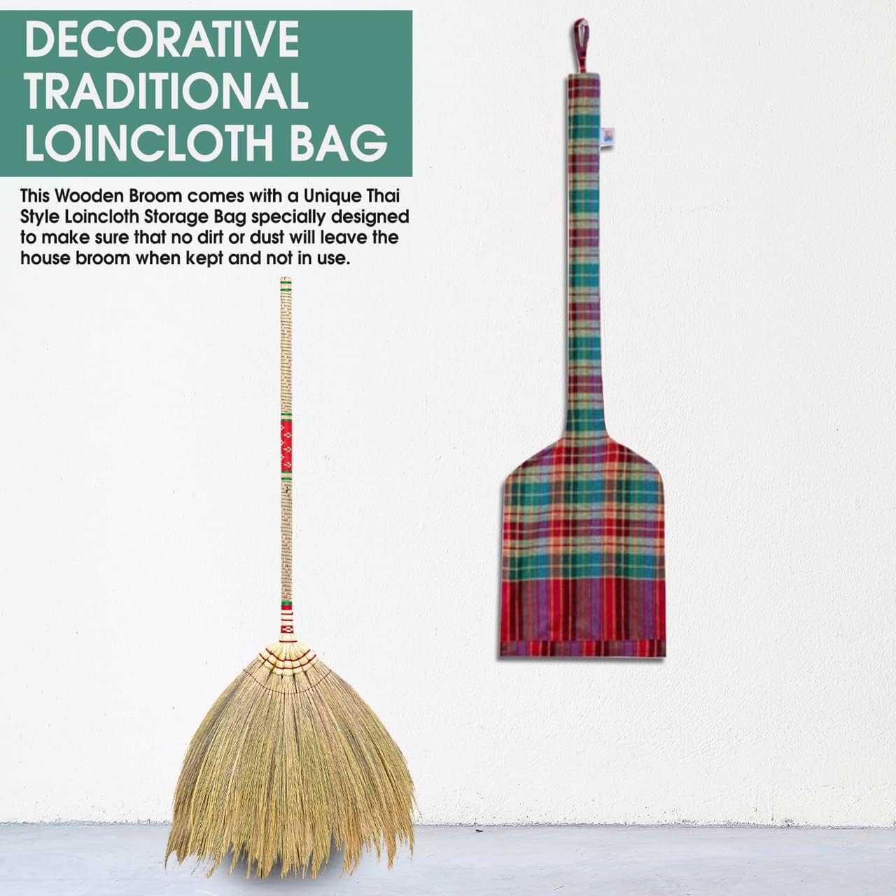 1 Piece of Asian Natural Straw Broom Whisk Broom Thai Natural Grass Broom for Sweeping Dirt Dust Garbage (Red Handle)