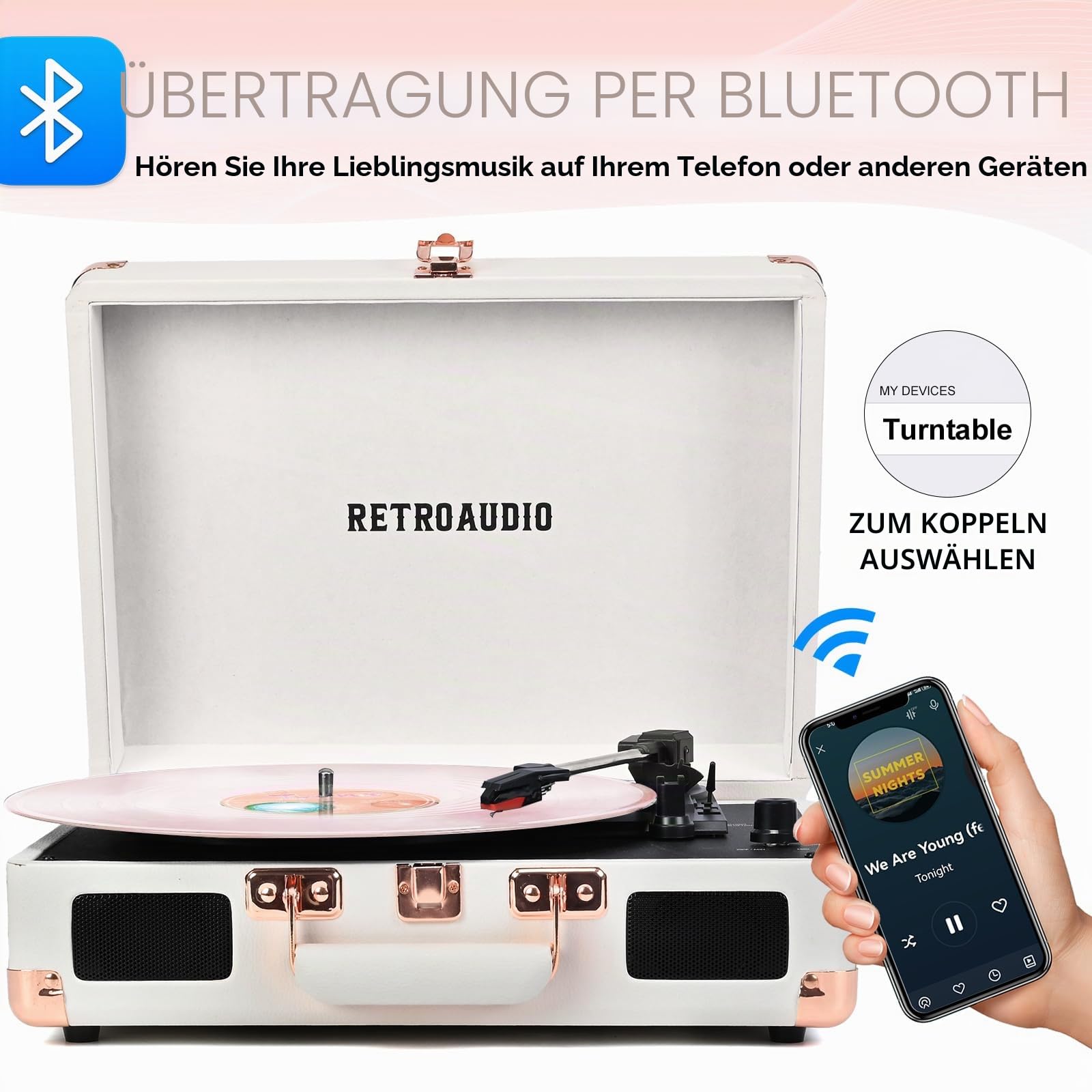 Vinyl-Plattenspieler mit eingebauten Lautsprechern, 3-Gang-Vintage-Plattenspieler, Bluetooth, tragbar, Koffer, riemengetriebener Plattenspieler, kompatibel mit RCA-Ausgang und Ausgang von