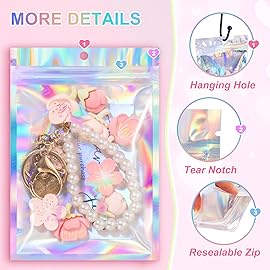 ANZNKU 100 Pack Mylar Bags Reasealable Holographic Bags, Smell Proof Bag Zipper Pouches with Clear Window, Jewelry Candy Sealable Bag for Packaging Sample Party Favor (4 x 6 Inch)