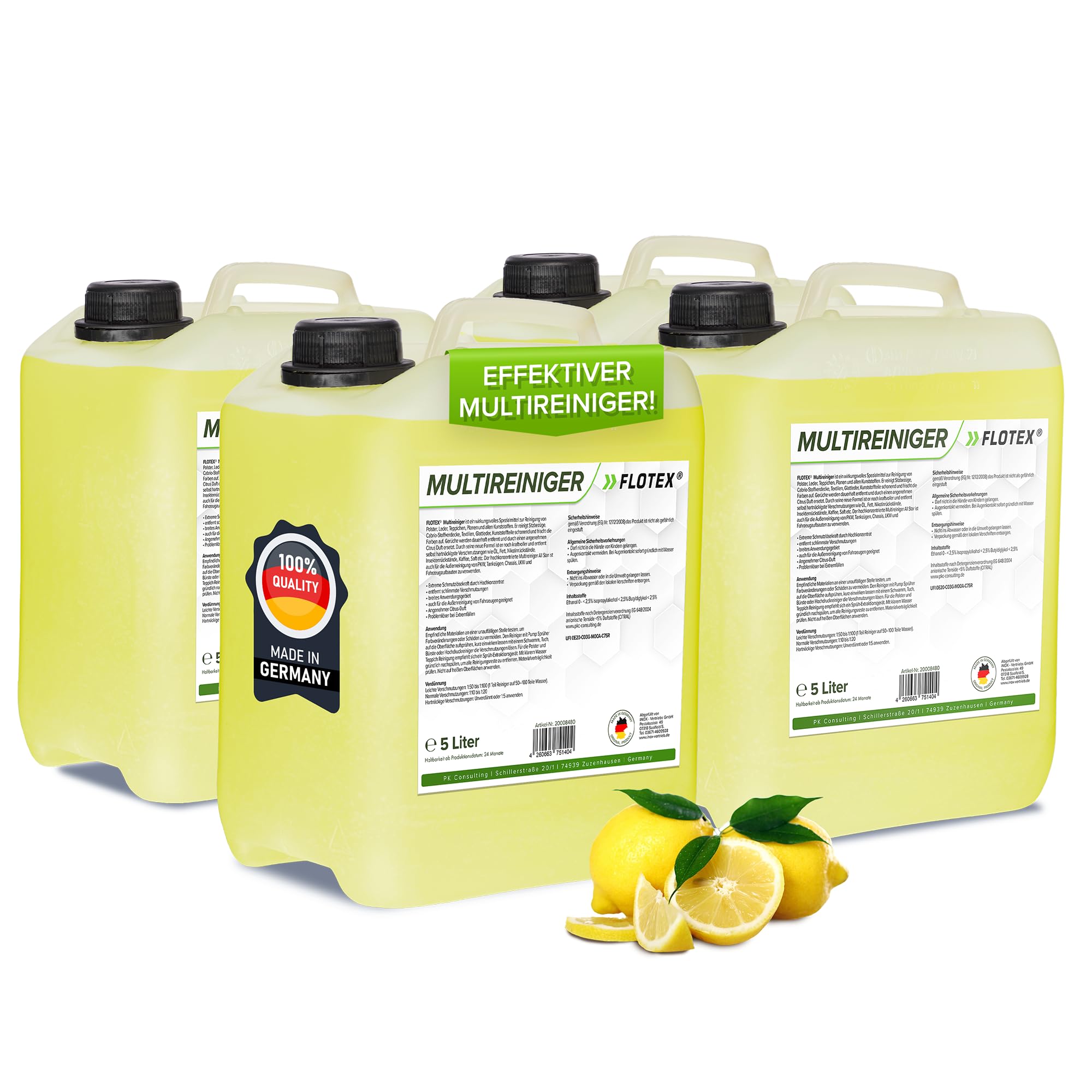 Ergiebiger Multireiniger 4x5L Kanister Auto Reiniger | Kunststoffreiniger und Autoreinigung von Innen und Außen | Polsterreiniger Auto und Teppichreiniger