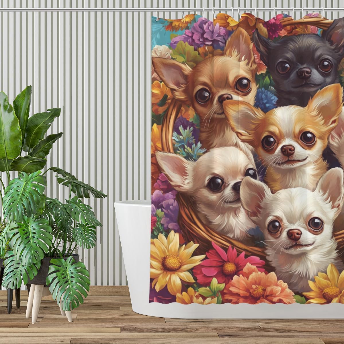 Chihuahua Shower Curtain, Adorable Chihuahua with Colorful Flowers, Cute Animal Bathroom Decor, Waterproof Polyester Fabric with Hooks, 72x72 Inches