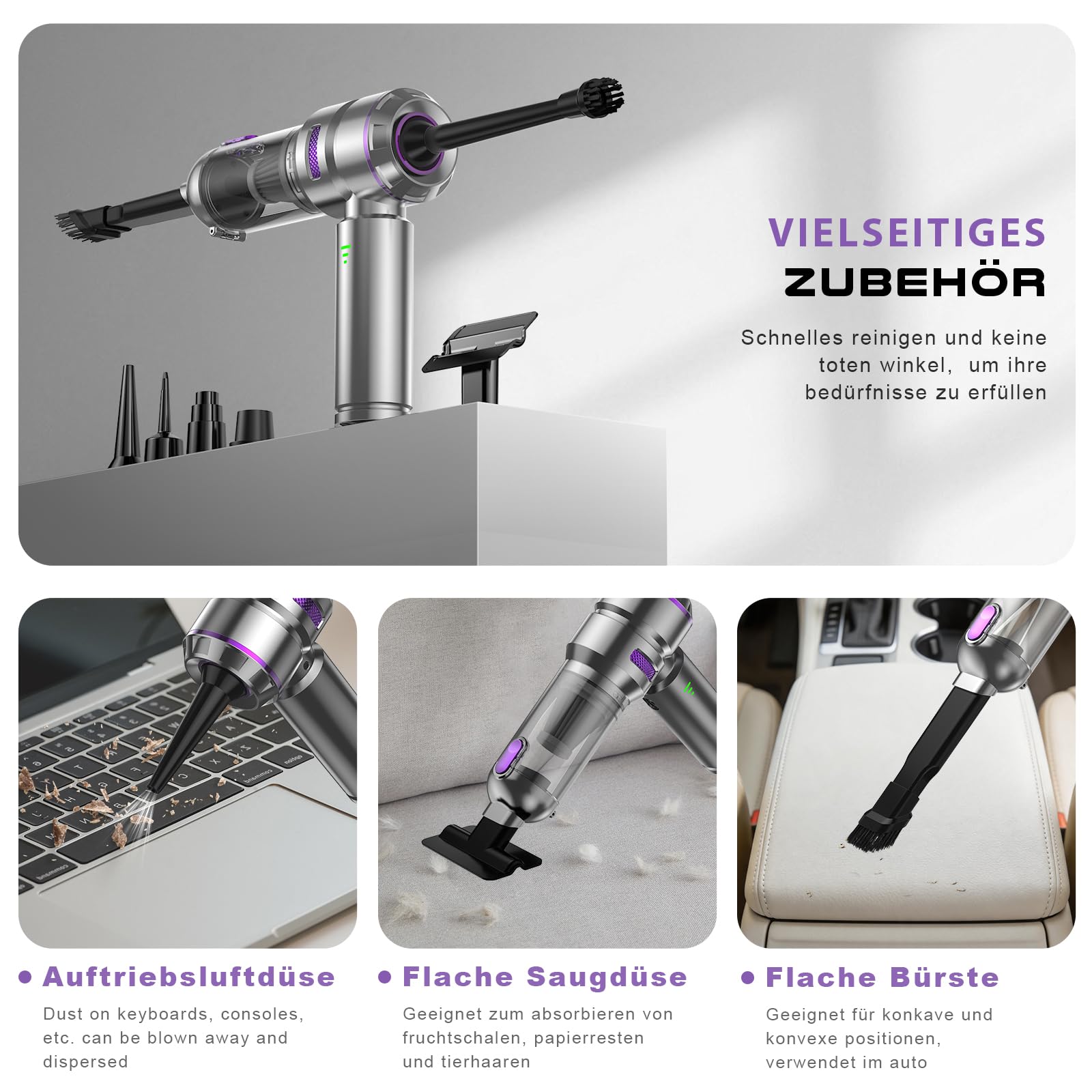 KITBEZN Handstaubsauger, 26KPA Handstaubsauger Akku Kabellos | 135W Autostaubsauger Stark, 4-in-1 Mini Staubsauger mit Bürstenloser Motor per Auto, Haus, Tierhaare, Sofa Reinigung