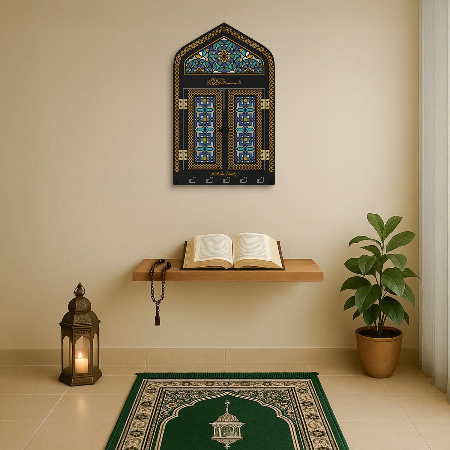 Mihrab Quran Holder Wall Decor – Metal Islamic Wall Hanging with Doors and 5 Hooks, Mihrab for Prayer Room, Muslim Home Decor (Black)