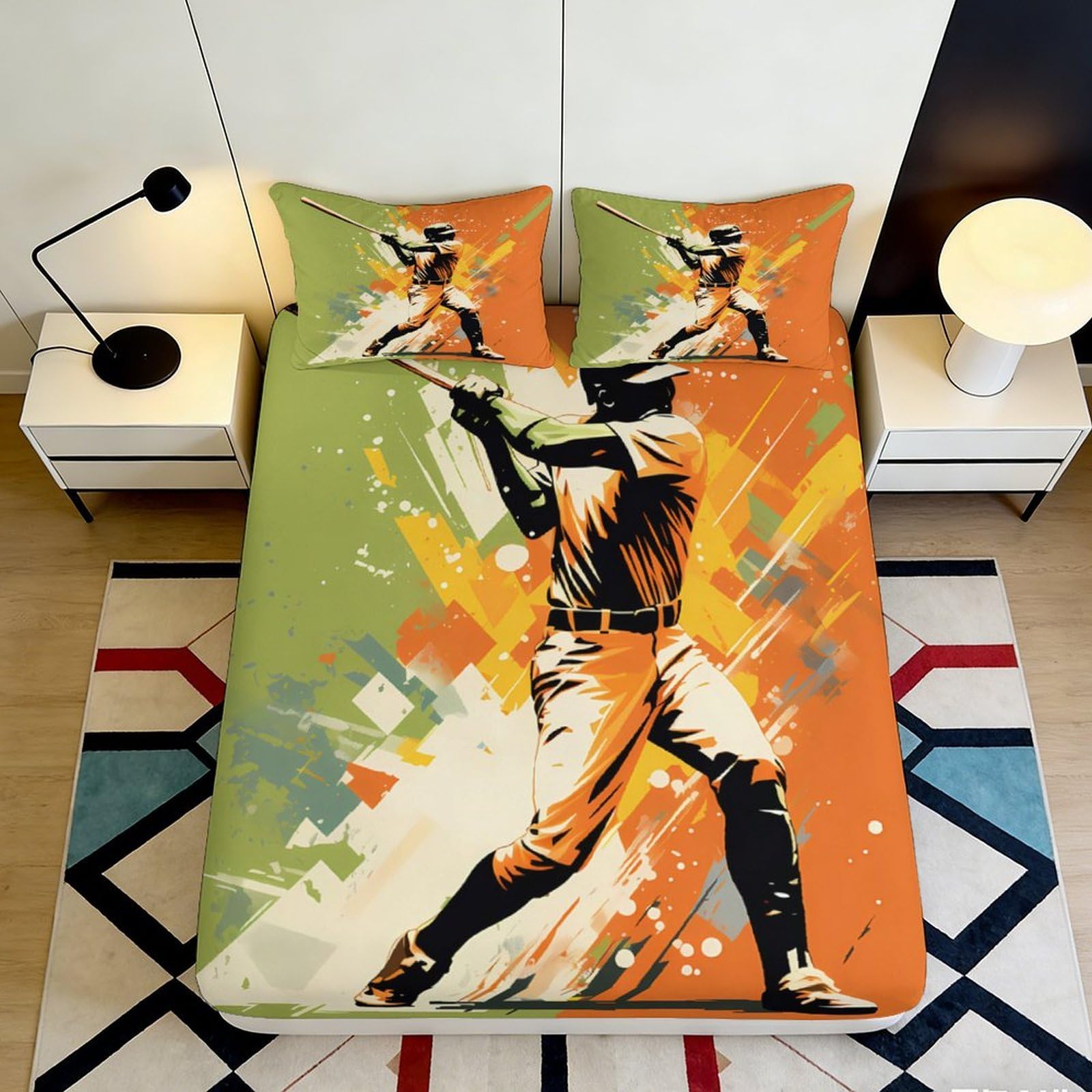 3D Printed Baseball Player Fitted Sheet Microfiber Soft Orange Green Abstract Bed Cover for Bedroom Dorm Mattress Protection Decor 90x200x25cm