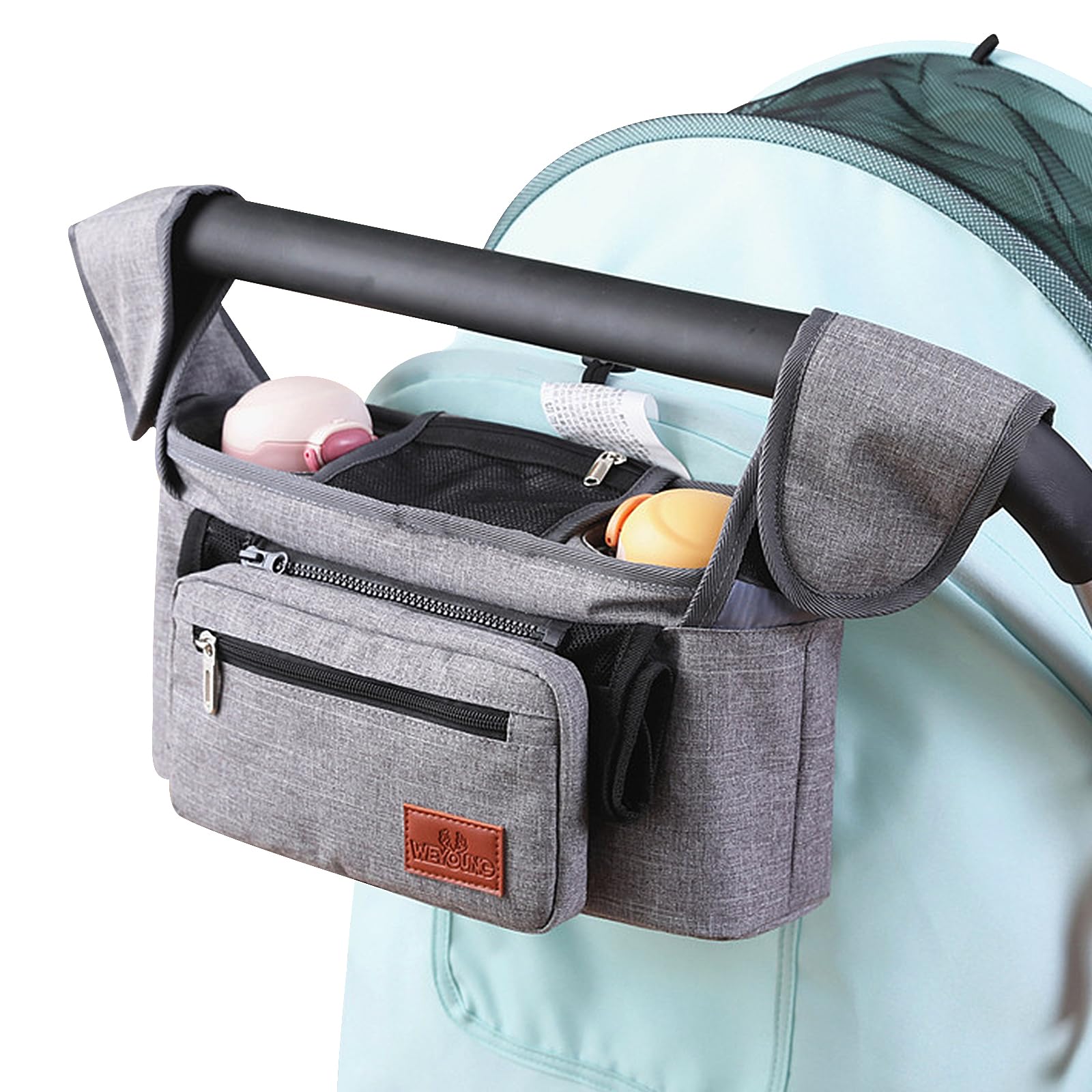 Organizer per Passeggino, Borsa Per Passeggino, Pram Bag Organizer Multifunzione Carrozzina Buggy Storage Bag Con Borsetta Staccabile, 2 Portabicchieri e Tracolla Organizer per Passeggino, Grigio