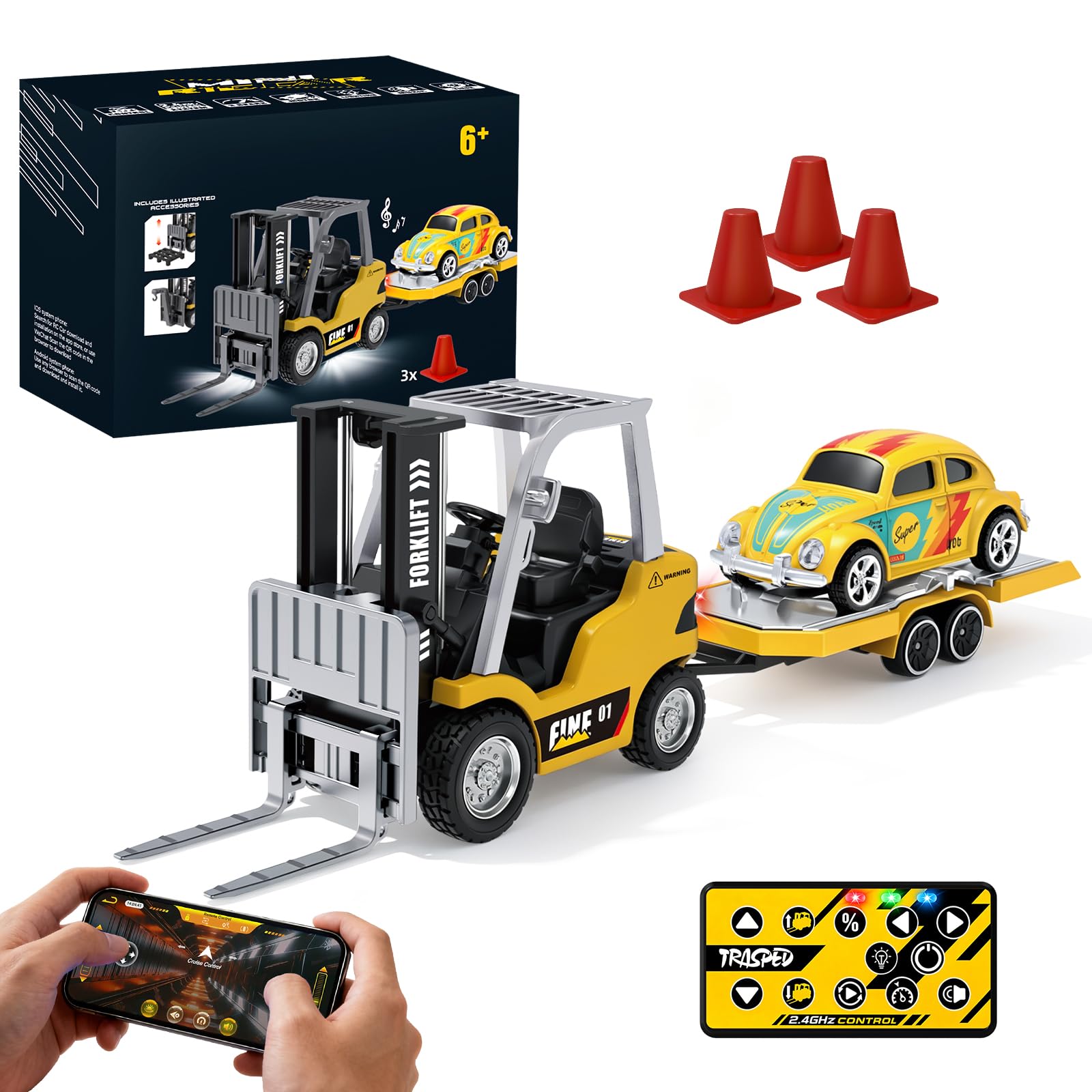 YESHIN Mini RC Carretilla elevadora de juguete con remolque, carretilla elevadora teledirigida con programación por App, control de crucero y regulación de velocidad, horquilla elevable, sonido y luz