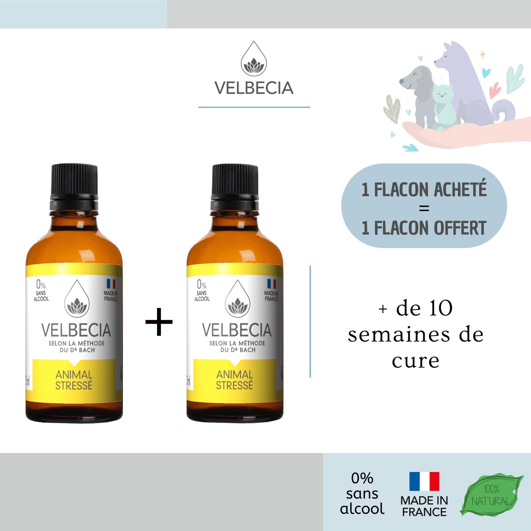Velbecia Animal stressé 50ml +1 OFFERT Elixirs de fleurs SANS ALCOOL - Méthode du Dr Bach - Peur panique,comportement anxieux,angoisse,agitation,nervosité,chien,chat,cheval