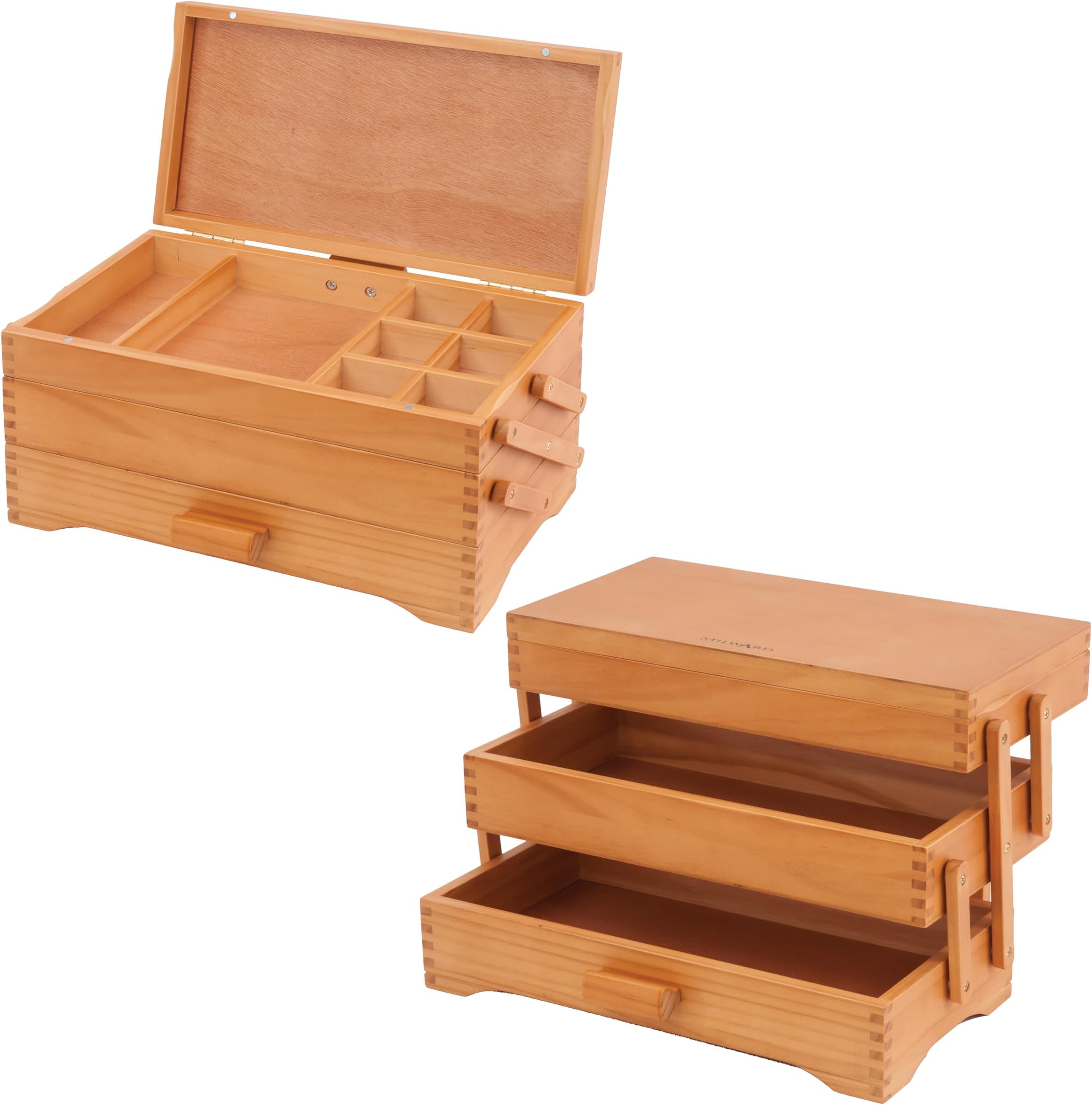 Milward Cantilever Craft Box, 3 Tiers, Pine Wood, Accessories Tier, Magnetic Closure, 17 x 37 x 22.5cm