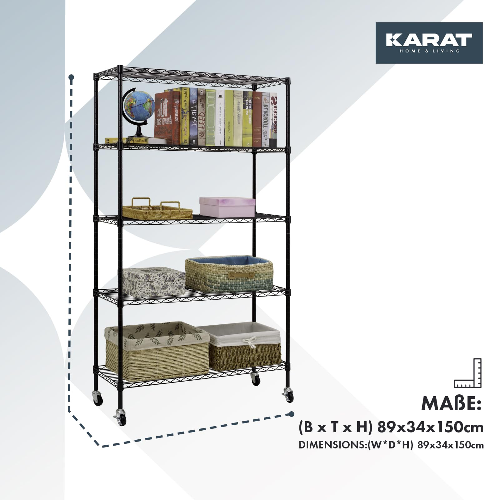 KARAT Estantería con Ruedas de Metal con 5 Estantes y Freno de Estacionamiento - para Cocina, Baño, Sótano, Trastero - Capacidad 120 kg - Color Negro - 89 x 34 x