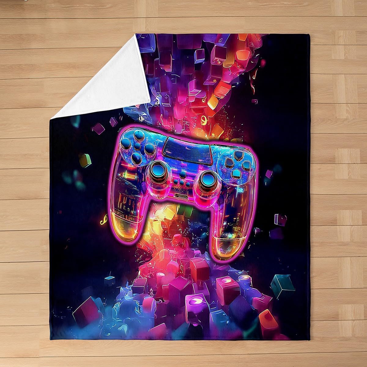 Gamepad Bed Blanket,Colorful Video Game Controller Blanket for Room Decor,Modern Watercolor Geometric Square Fleece Blanket for Kids,Super Soft Blankets,Throw 50"x60" image 2
