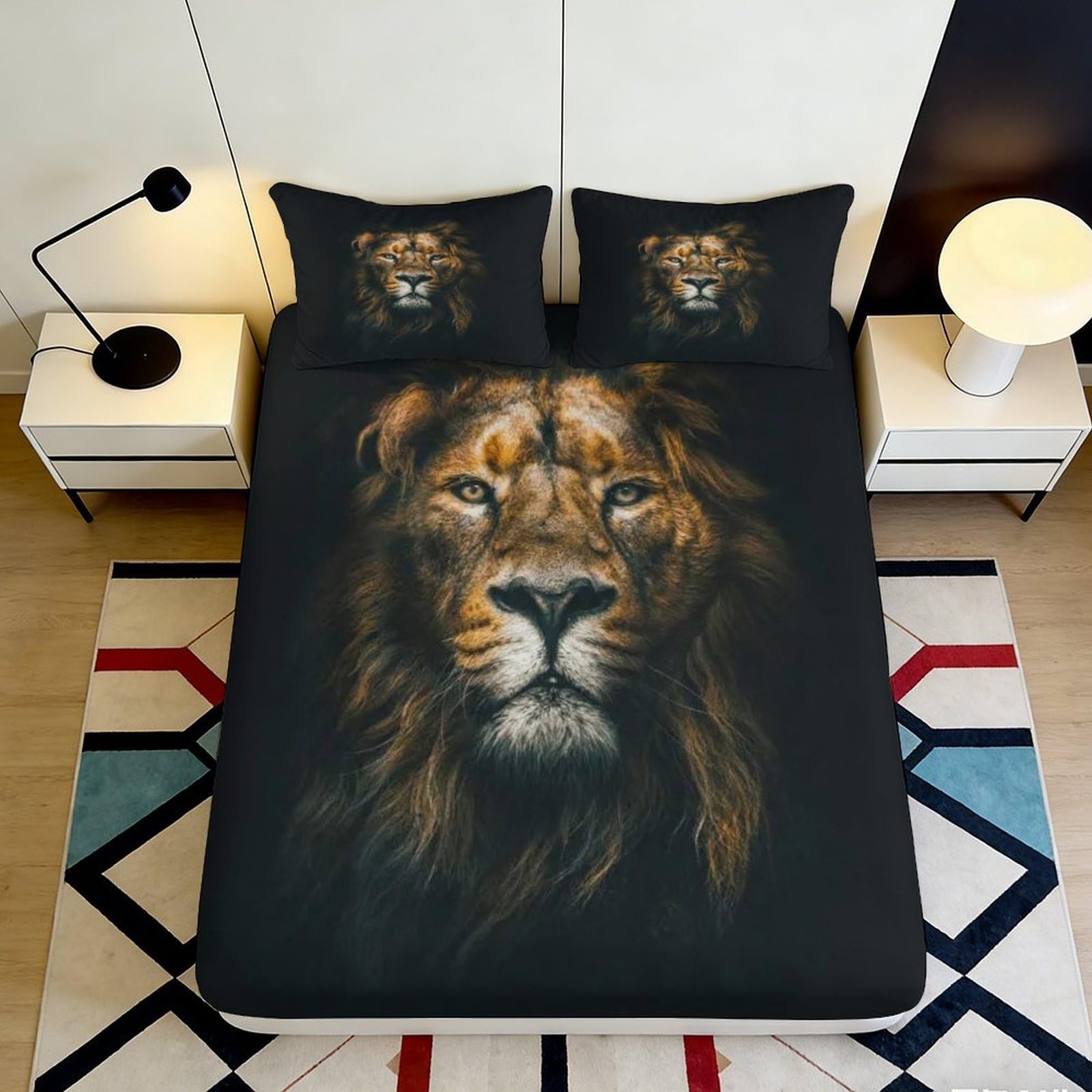 3D Printed Lion Pattern Fitted Sheet Microfiber Deep Pocket Non-Slip Bedroom Bedding Full Wrap Lion Mattress Fitted Cover Washable 180x200x25cm