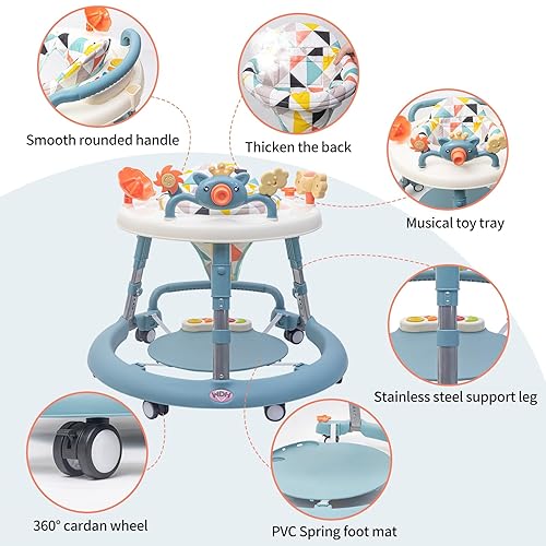 Miniatura 6 de Andador de bebé 4 en 1, andador de bebé con ruedas y 4 alturas ajustables, andador plegable para bebés incluye bandeja de juguetes musicales y