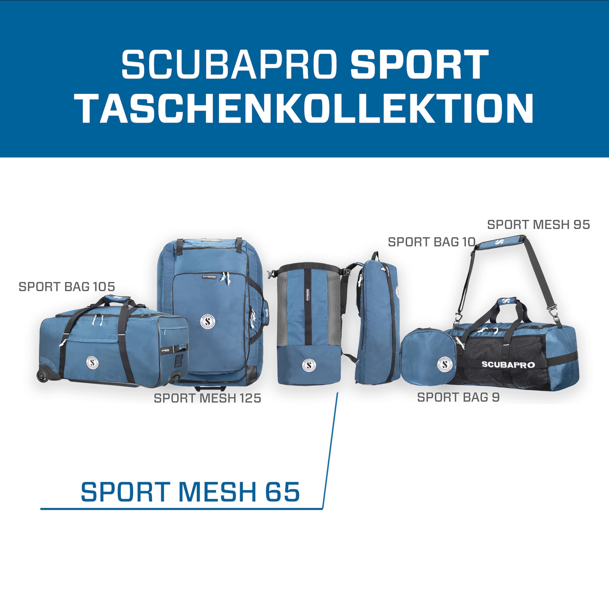 SCUBAPRO Sport 65 Netz-Tauchtasche mit Roll-Top-Verschluss und seitlichem Reißverschluss für Schnorchel- und Tauchausrüstung, Denim-Blauer Stoff
