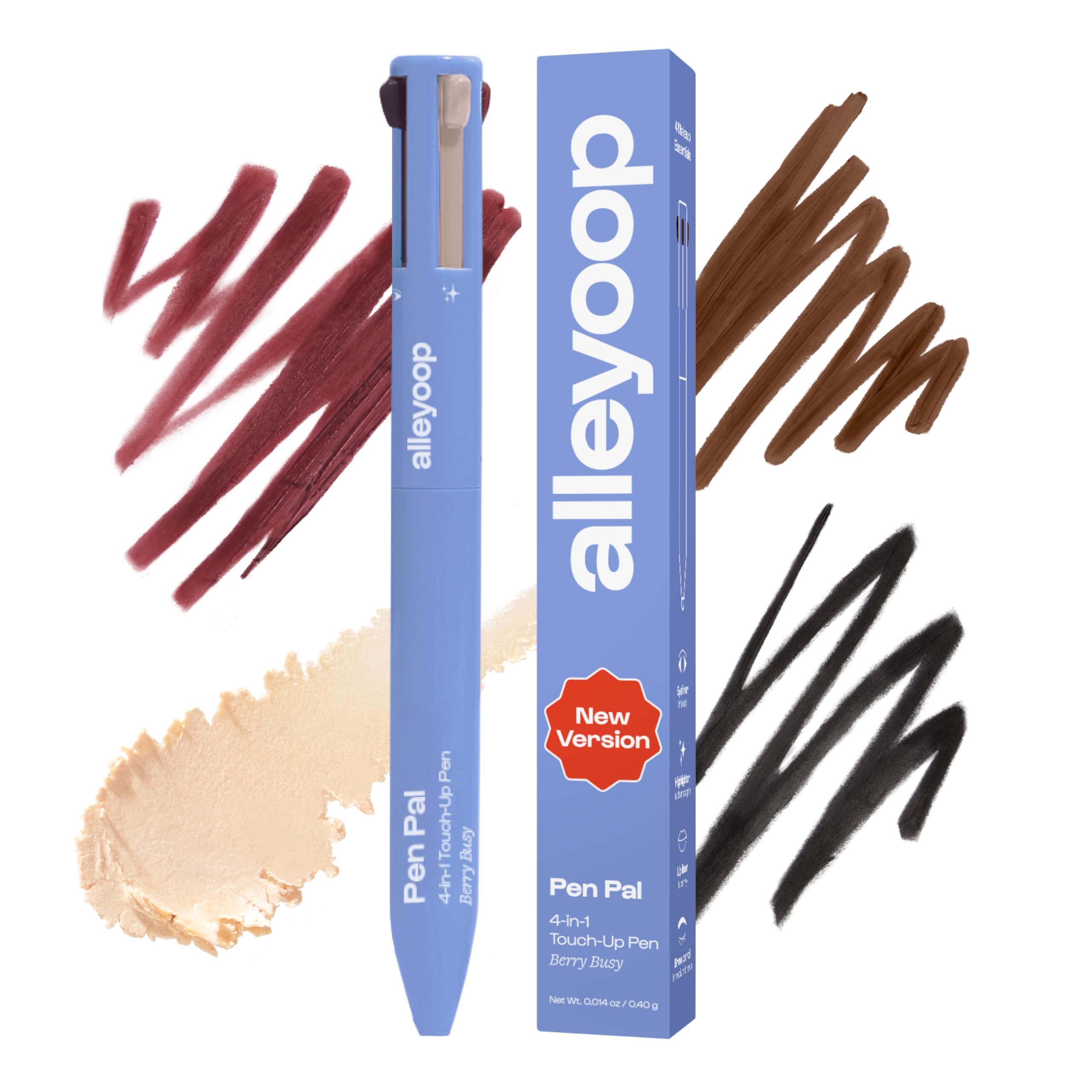 Alleyoop Pen Pal 4-in-1 Makeup Pen, Eyeliner, Lip Liner, Brow, Berry Busy | Effortless Touch-Ups: Vegan Eyebrow Pencils for Women & Highlighter Pen, Purse-Approved & Cruelty-Free