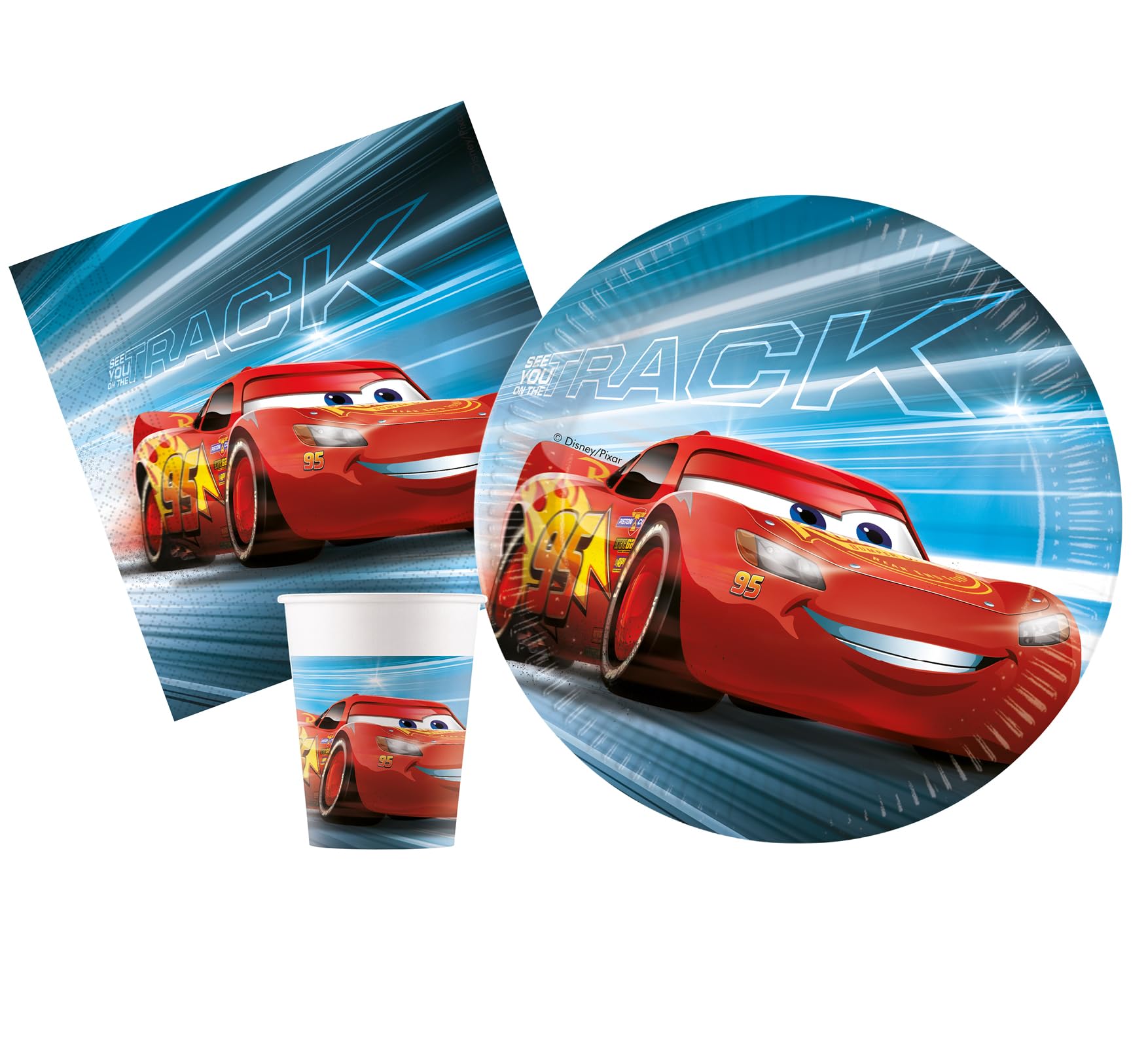 Ciao Kit Party Tavola Disney Cars Victory is Mine per 24 persone (88 pezzi: 24 piatti Ø23cm, 24 bicchieri 200ml, 40 tovaglioli 33x33cm) in carta FSC compostabile eco-friendly