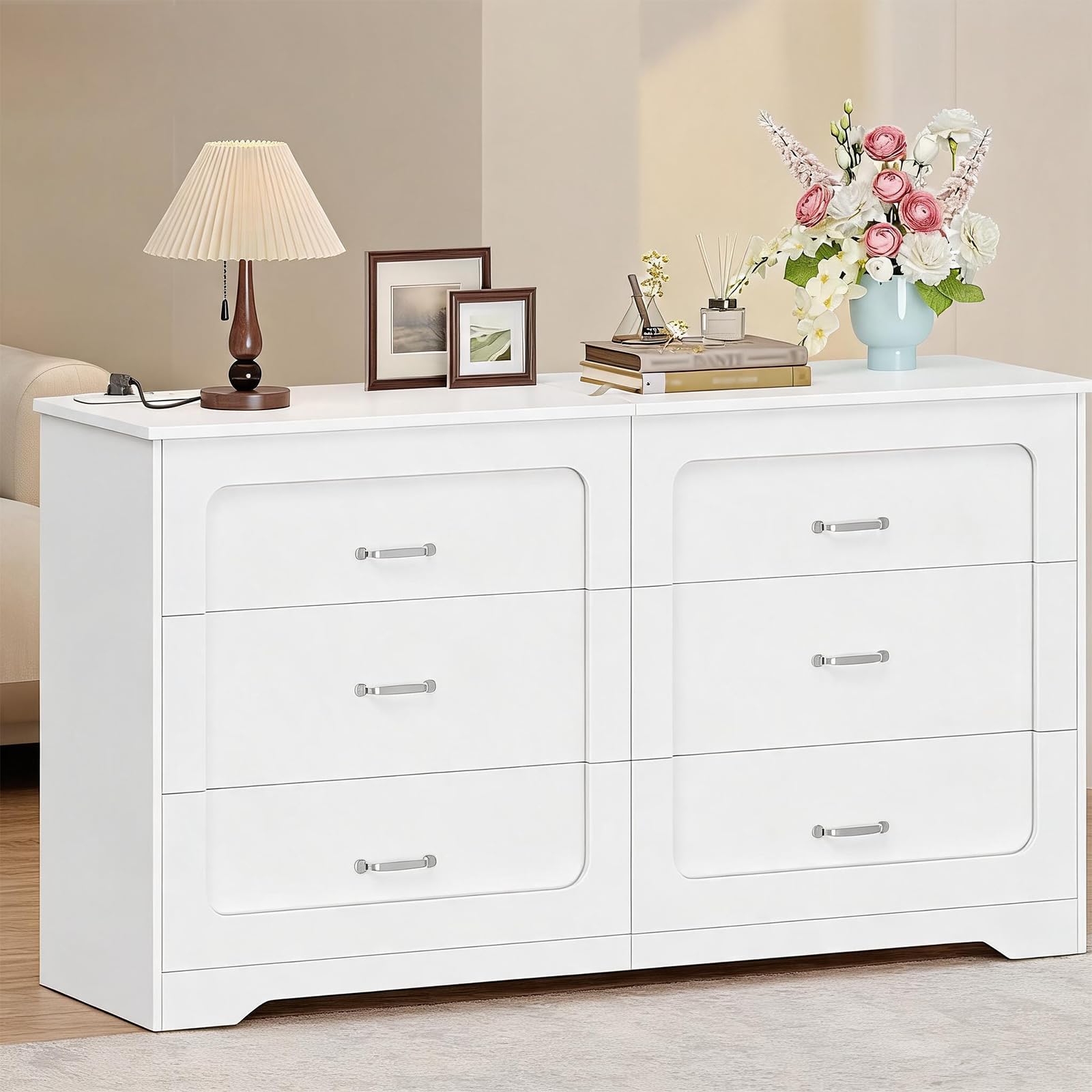 Hzuaner Cómoda con Regleta de Enchufes, Cómoda de Doble Columna, 6 Cajones para Dormitorio, Mueble Almacén Moderno para Pasillo, Salón, Vestidor y Oficina 40 x 140 x 75 cm Blanco DC35003XEU