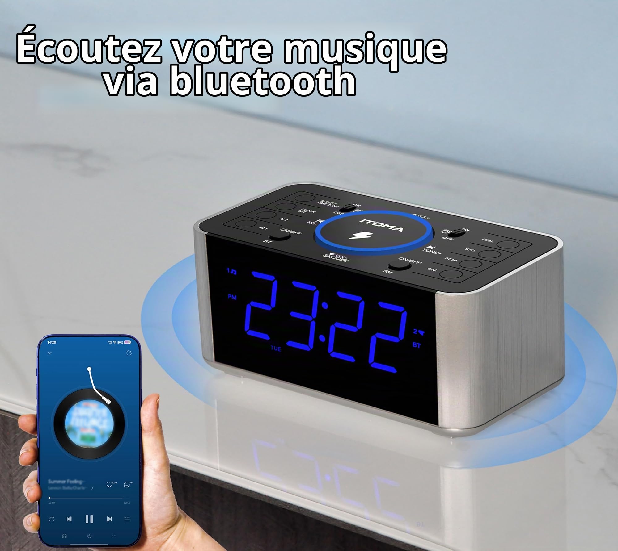 iTOMA Radio réveil avec Charge sans Fil 5W, Snooze, Bluetooth, Double réveil, écran LED de 1,4 Pouces, gradateur, tête de lit USB Charge Horloge 206