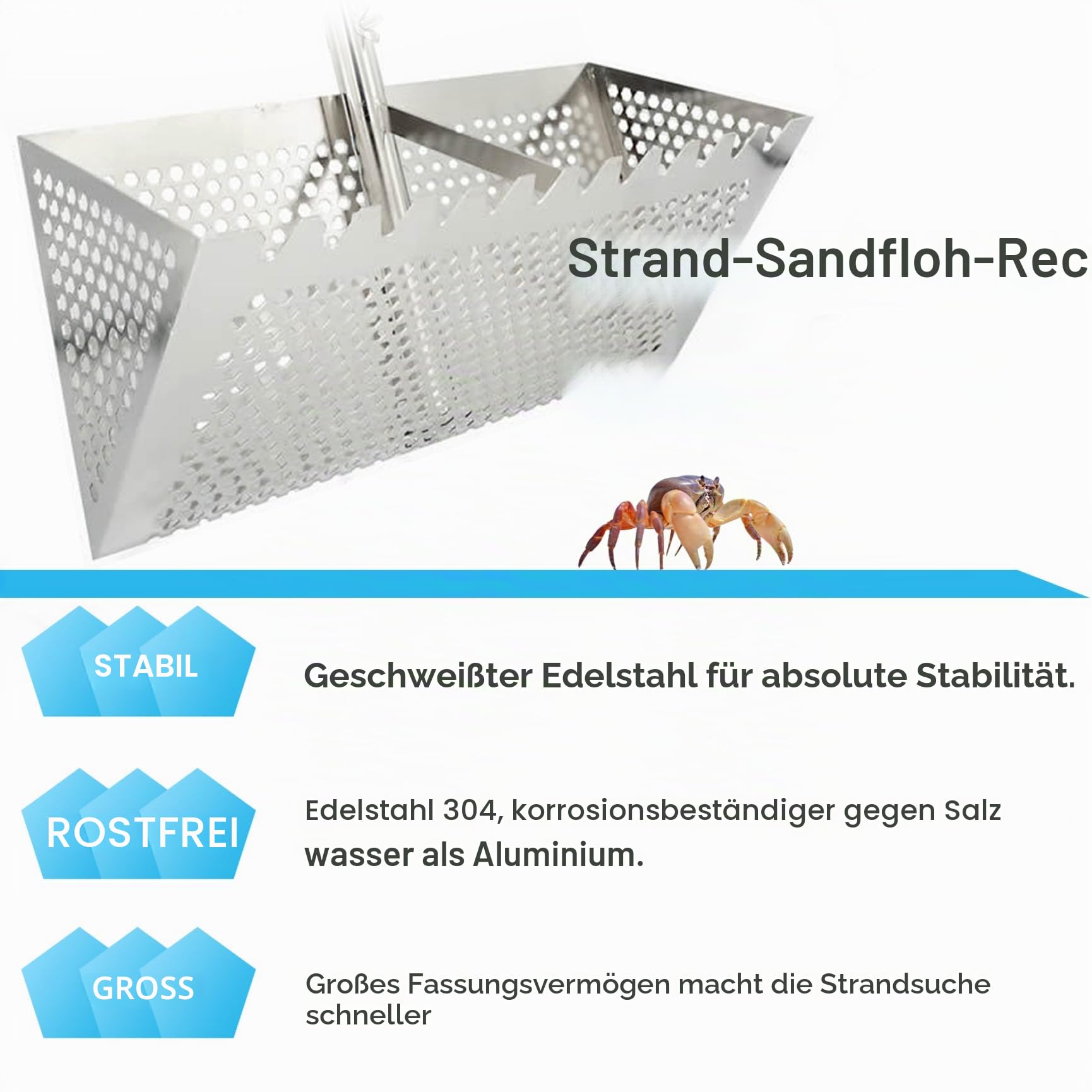 Sandflohharke Strand-Sandsieb aus Edelstahl mit 15,8-Zoll-Haifischzahn-breitem Korb, abnehmbarer Sandrechen mit langem Griff für den Strand