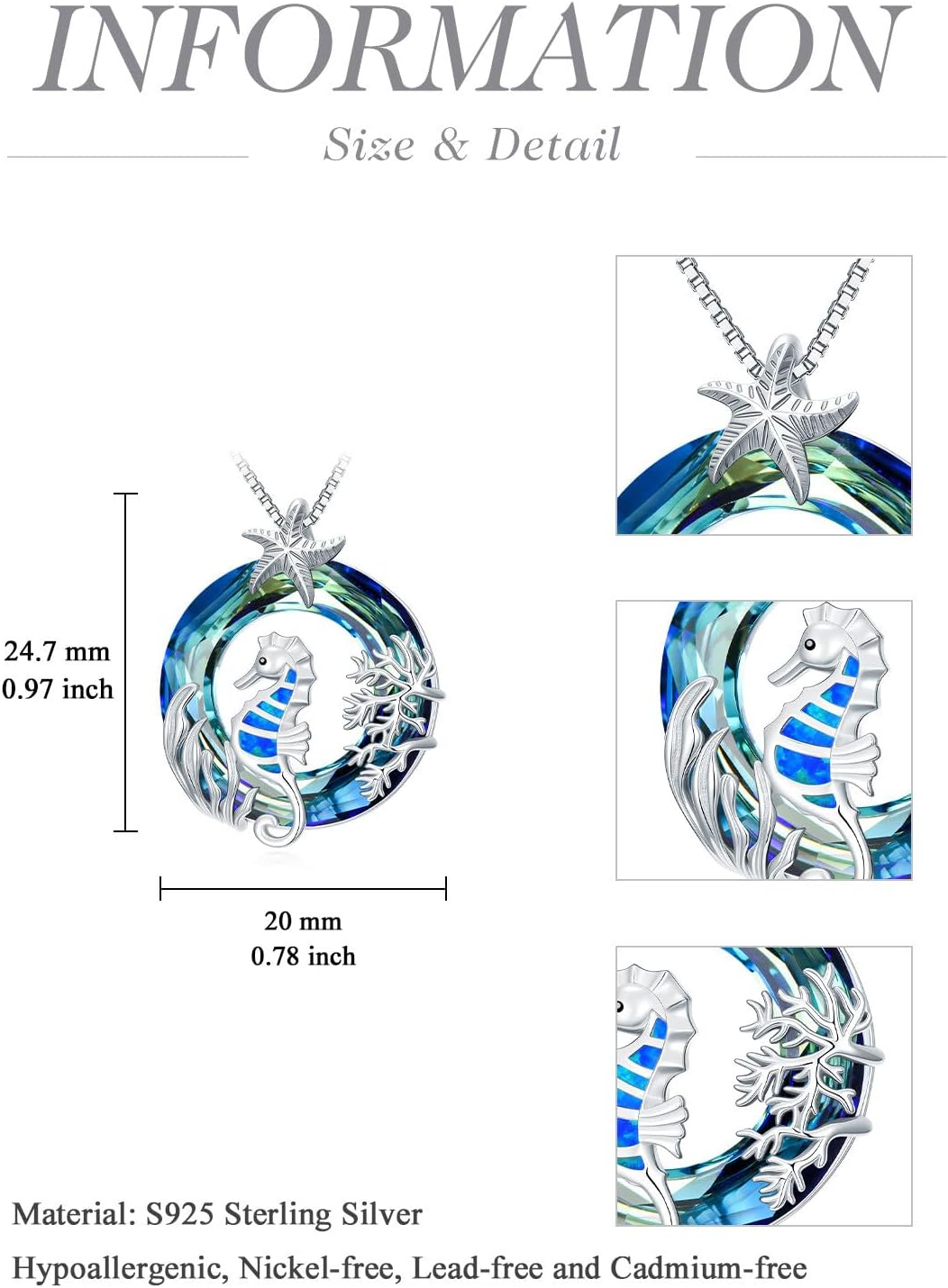 Crystal Ocean Necklace S925 Sterling Silver Ocean Jewelry Gifts for Women， 20 inches