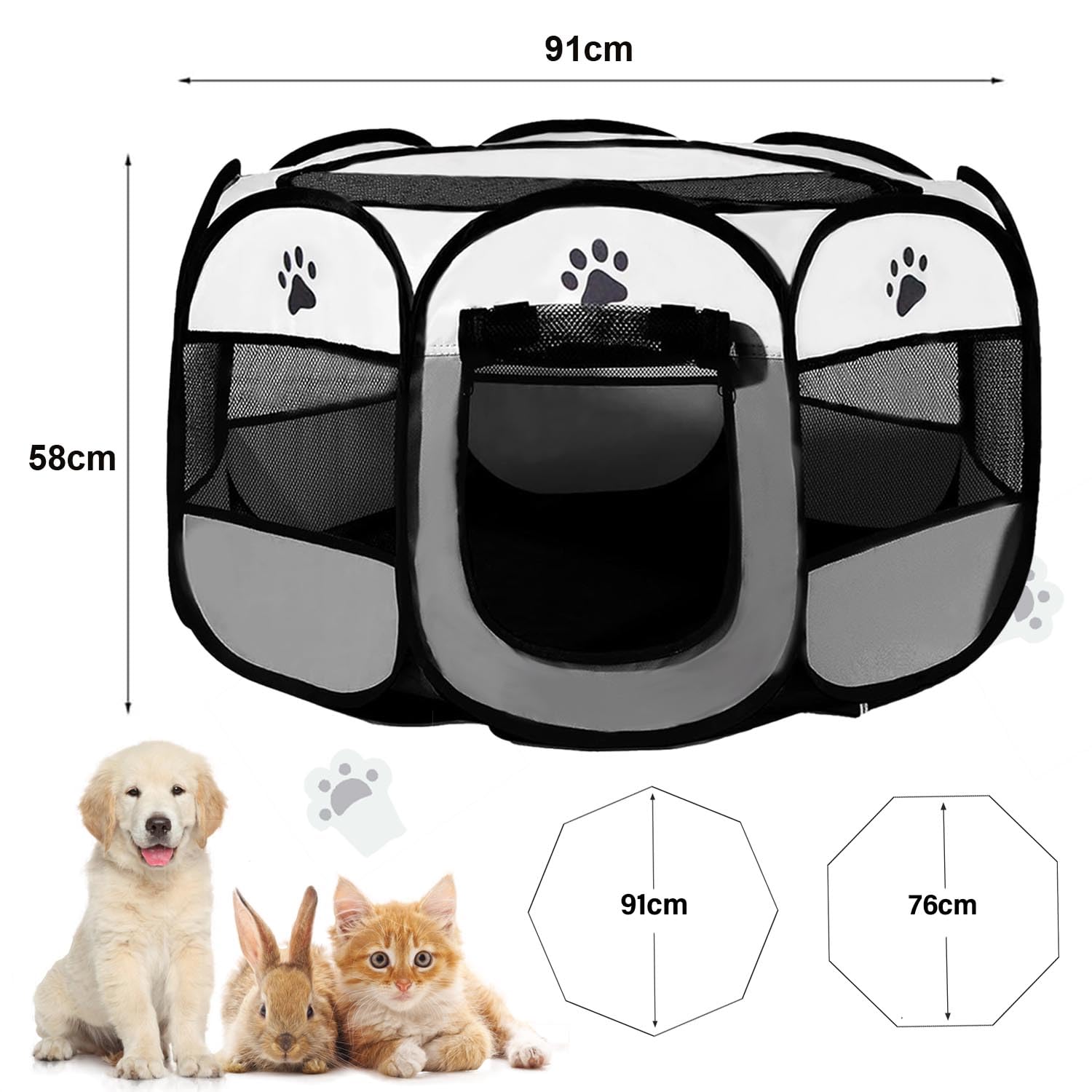 box per cuccioli, 91 x 91 x 58 cm, pieghevole, per casa, recinto per gatti, conigli, interni ed esterni, colore: grigio