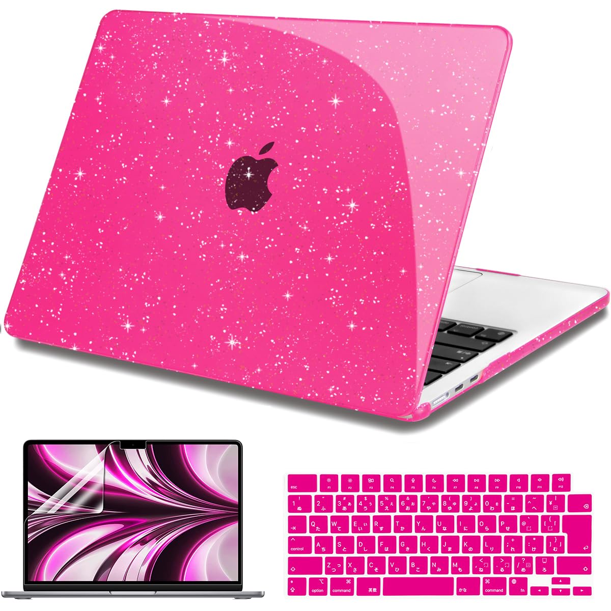 Teryeefi MacBook Air 13.6 インチ ケース 2023 2024 2025 発売 M4 A3240/M3 A3113/ M2 A2681 対応, スリム 軽量 耐衝擊 保護カバー＆JIS日本語 キーボードカバー＆液晶保護フィルム, キラキラダークピンク