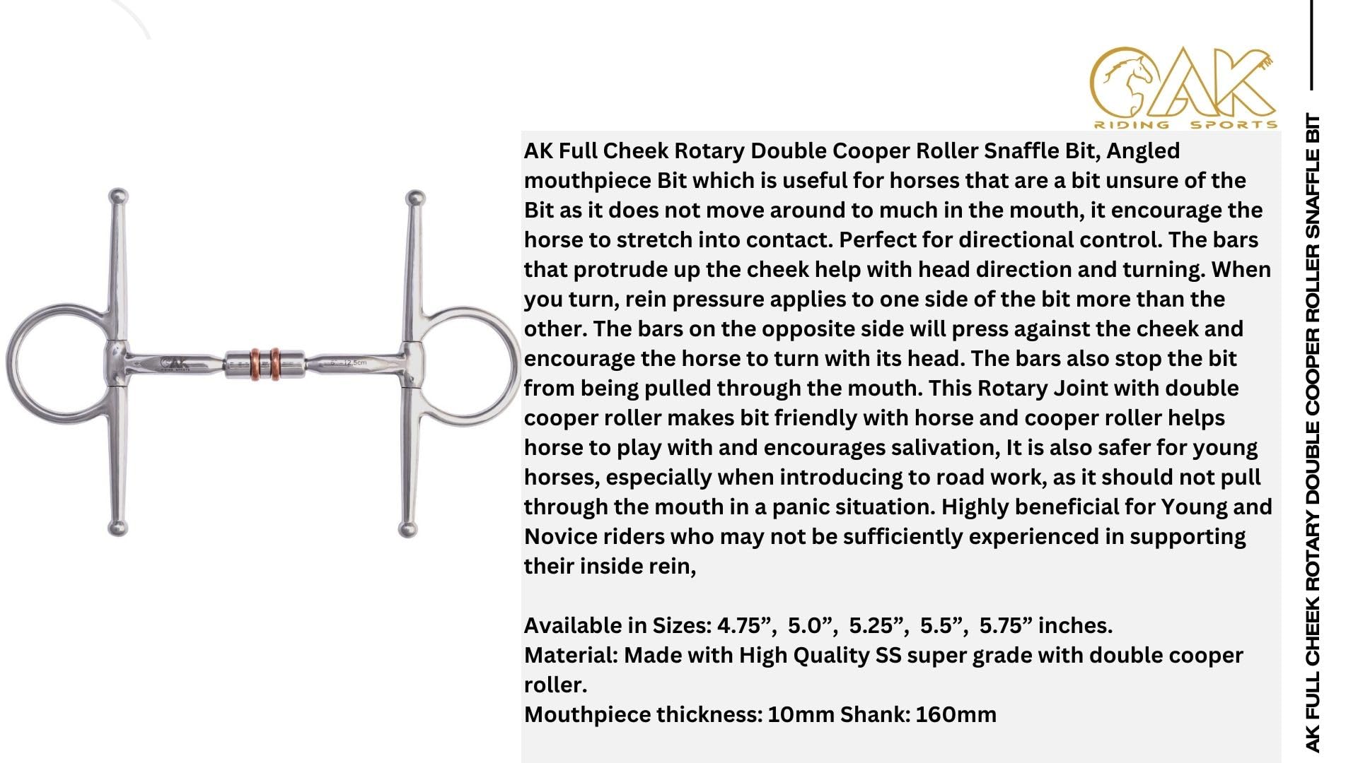 AK Full Cheek Rotary Double Cooper Roller Snaffle Mors d'équitation Horse Bit AKRS-2612 (4.75'', Silver)