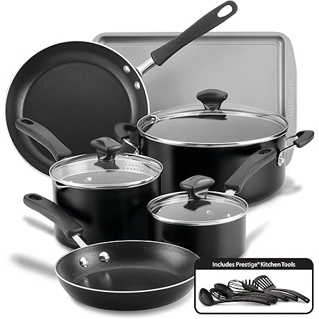 Farberware Cook Start 15-Piece Nonstick Pots and Pans Set with Glass Lids and Utensils