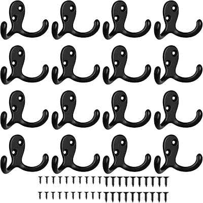 12 Pack Coat Hooks, Heavy Duty Double Prong Wall Mounted Robe Hooks with Screws, Coat Hanger Hooks for Hanging Coat, Hat,Towel,Scarf, Bag, Key, Cap, Cup (Black)
