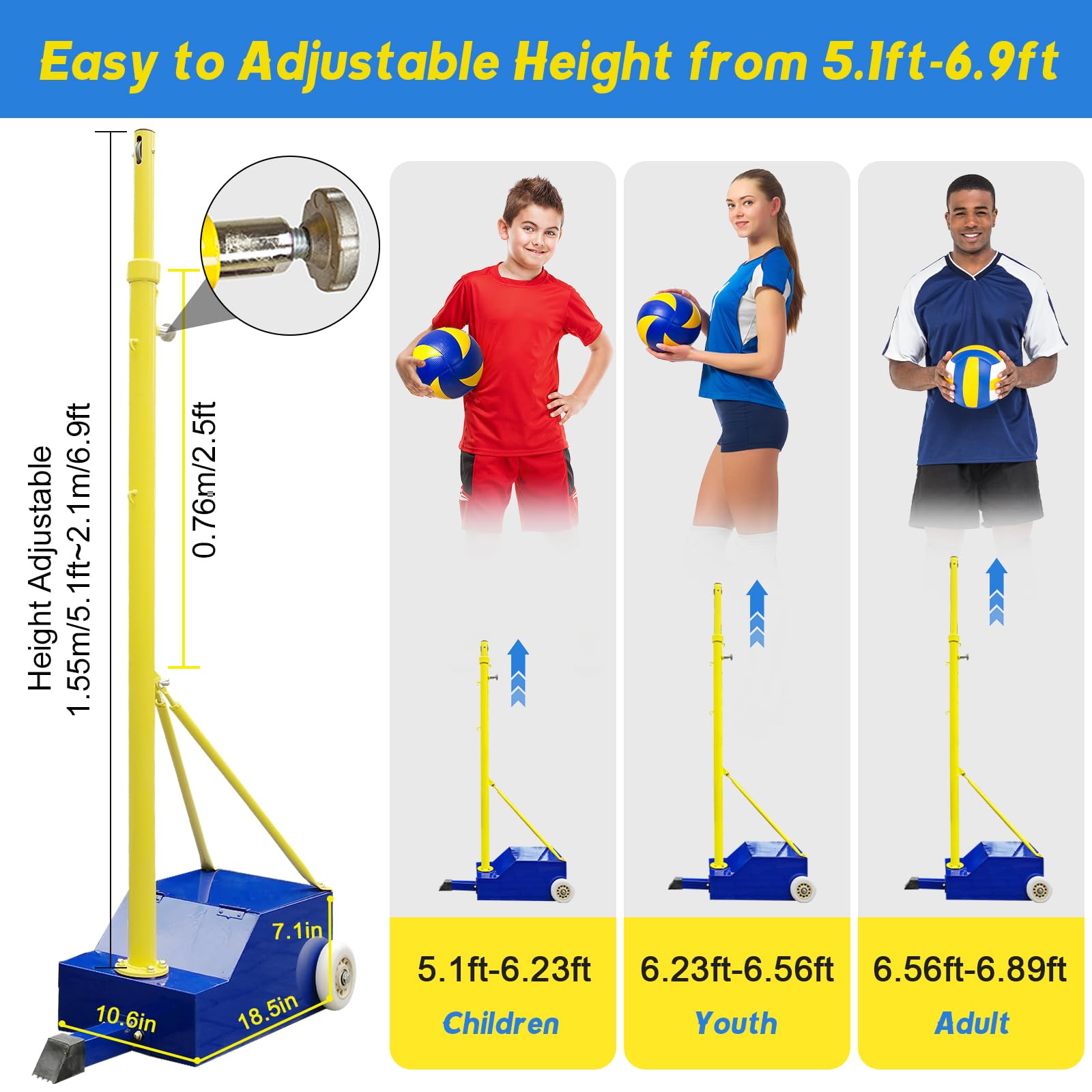 QXYXSM Volleyball Poles, Badminton Net Stand with Movable Heavy Duty Base, 5ft-6.8ft Adjustable Height,for Indoor/Outdoor Backyard School Adults Kids Stadium