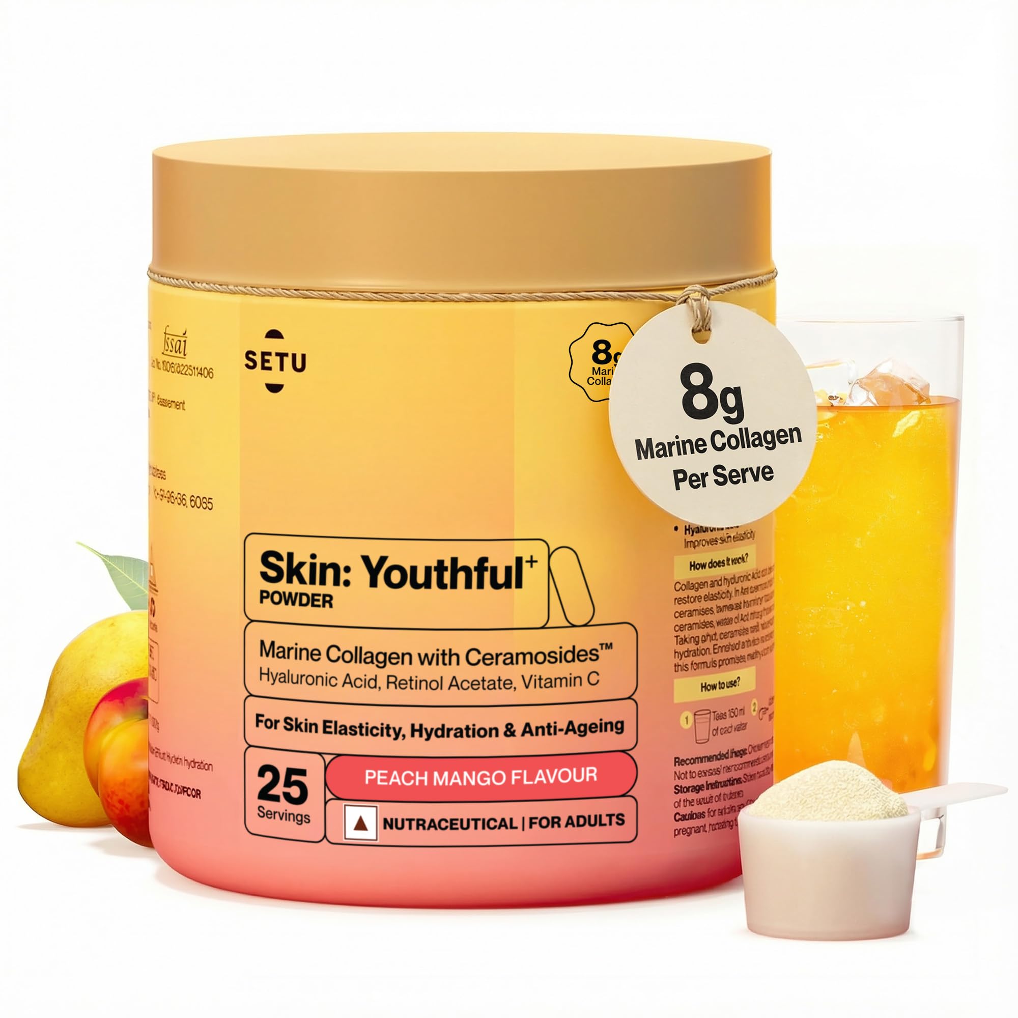 Setu Skin: Youthful | Upgraded 8g Marine Collagen + Ceramosides™ | 4X Faster Hydration | Reduces Fine Lines & Wrinkles | Monk Fruit Sweetened | Peach Mango (25 Servings)