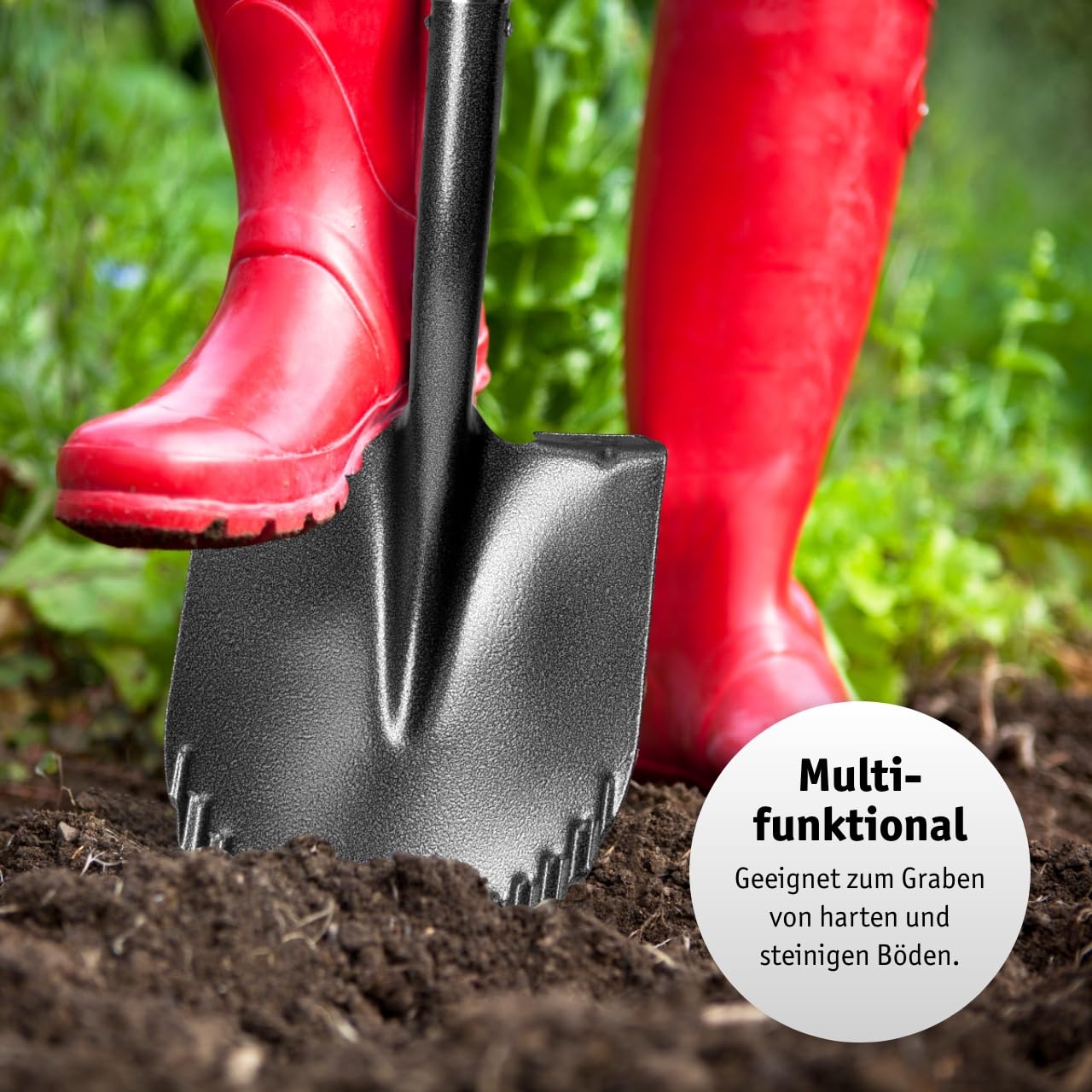 WALTER Professional Gartenspaten- Robuster Glasfaserstiel, Antirutschgriff, langlebiger Kohlenstoffstahl, gehärtete und gezahnte Schneide für Harte und steinige Böden, Kombispaten