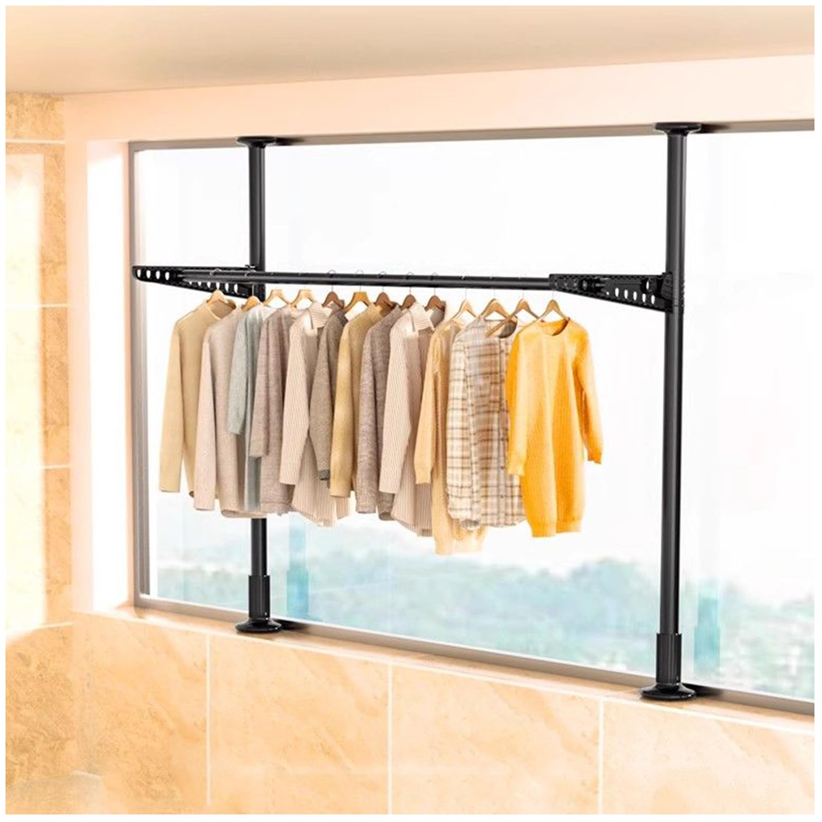 ZGZCQDSL Clothes Drying Rack,Retractable Clothing Drying Rack with Collapsible Hangers for Window,Wall Mounted Clothes Hanging Rack for Bay Balcony Window (2V1H-1203)