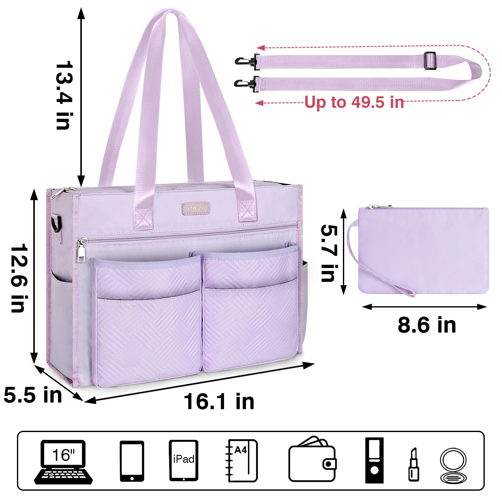 ITIEZY Borsa shopper da donna, grande, impermeabile, con 18 tasche, 16 pollici, borsa da lavoro da donna con chiusura lampo, per università, ufficio, lavoro, viaggi