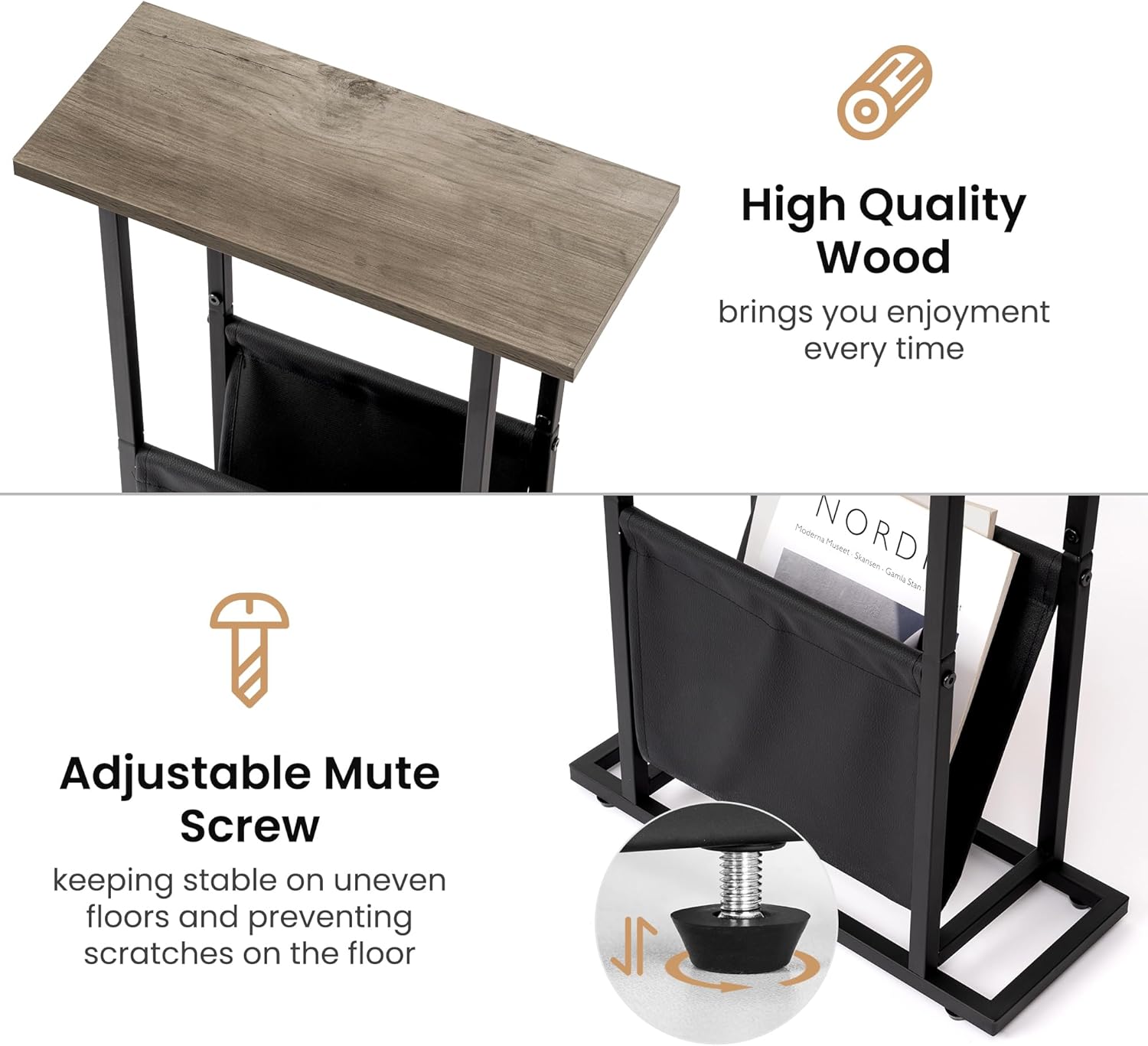 Acovy Narrow Side Table for Small Place,Metal Table with PU Leather Bag,Slim Nightstand for Reading Or Storage,Sofa Side Table for Living Room,Bedroom,Gery