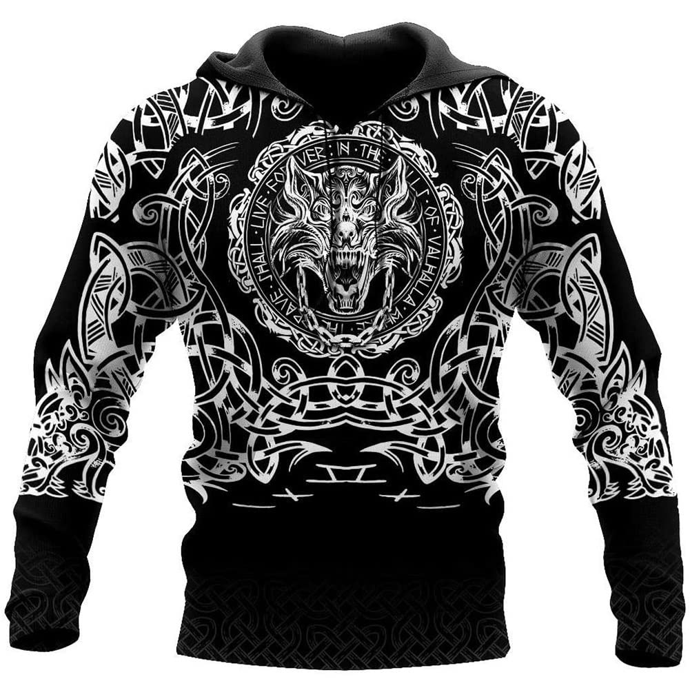 Mens Viking Celtic Raven Wolf Totem Print Hoodie Long Sleeve Pullover Sweatshirt