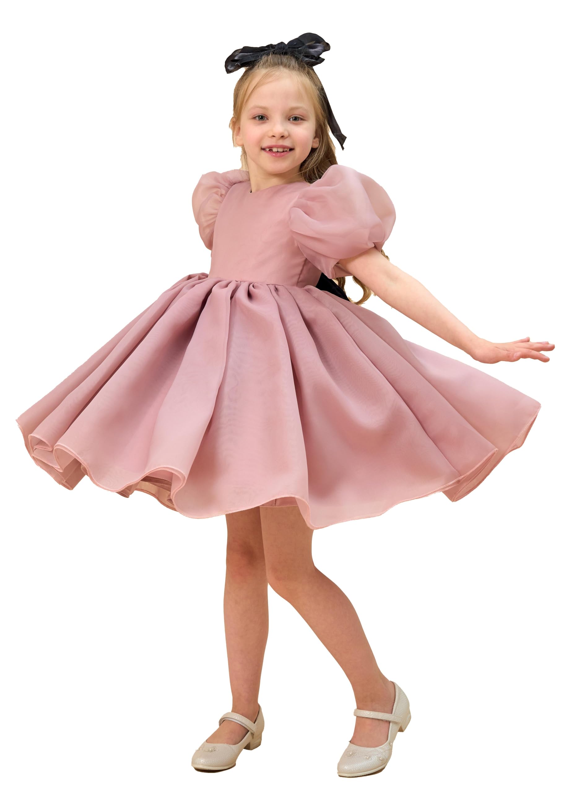 LalaMira Flower Girl Dress Organza Toddler Dresses Puff Sleeve & Bow Bcak Girls Princess Dress for Wedding Birthday Party Dusty Rose-12M