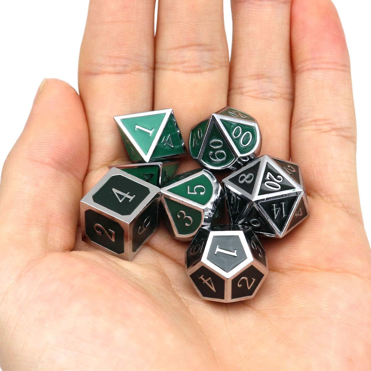 Haxtec Color Changing Metal DND Dice Set Silver Black Green Color Shifting D&D Dice with Leather Dice Bag Compatible with Dungeons and Dragons TTRPG DND Gift