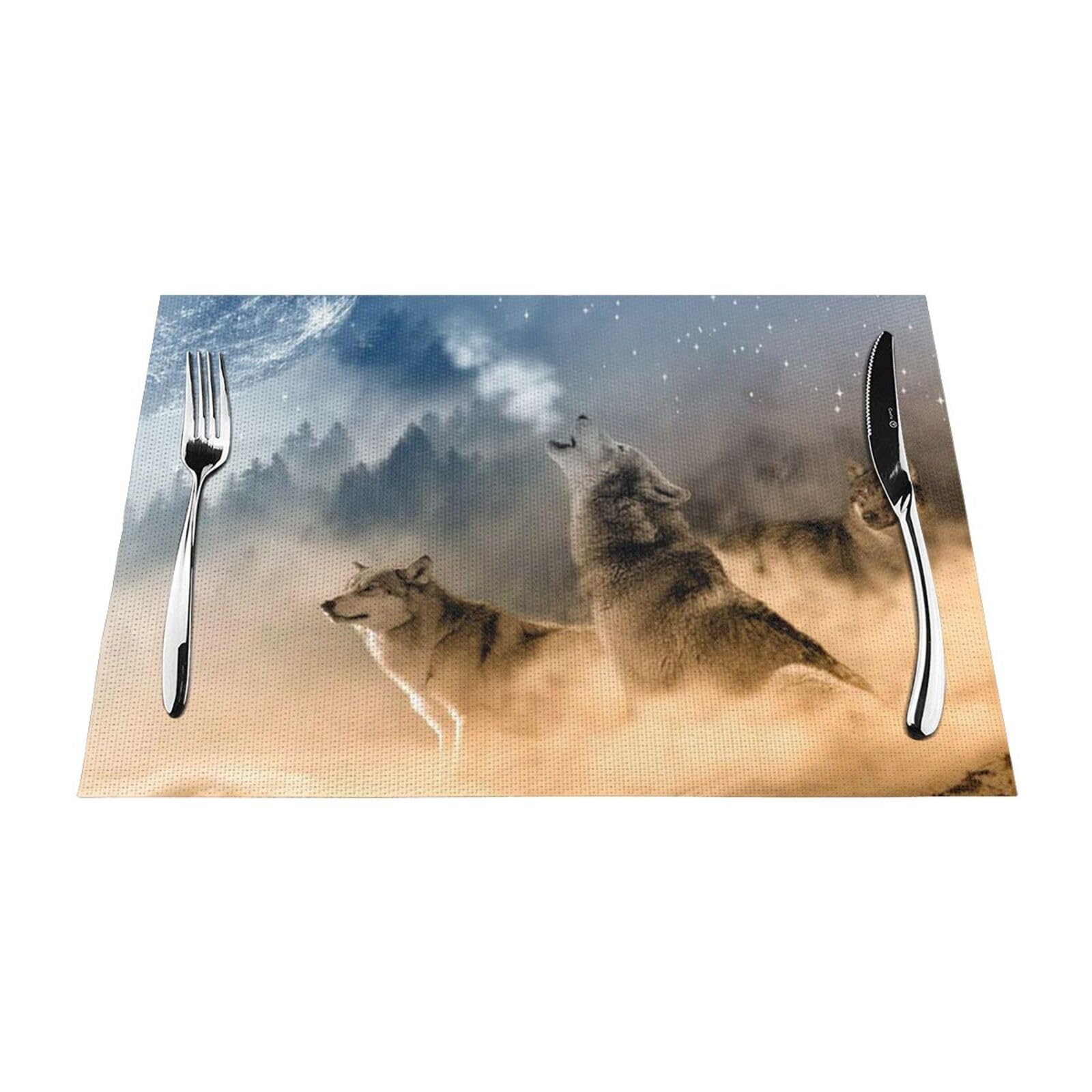 PVC Placemat Set of 6 PCS, 45x30 CM, wolf on mountain Printed Non-Slip Heat Resistant Place Mats for Kitchen Dining Table Indoor Outdoor