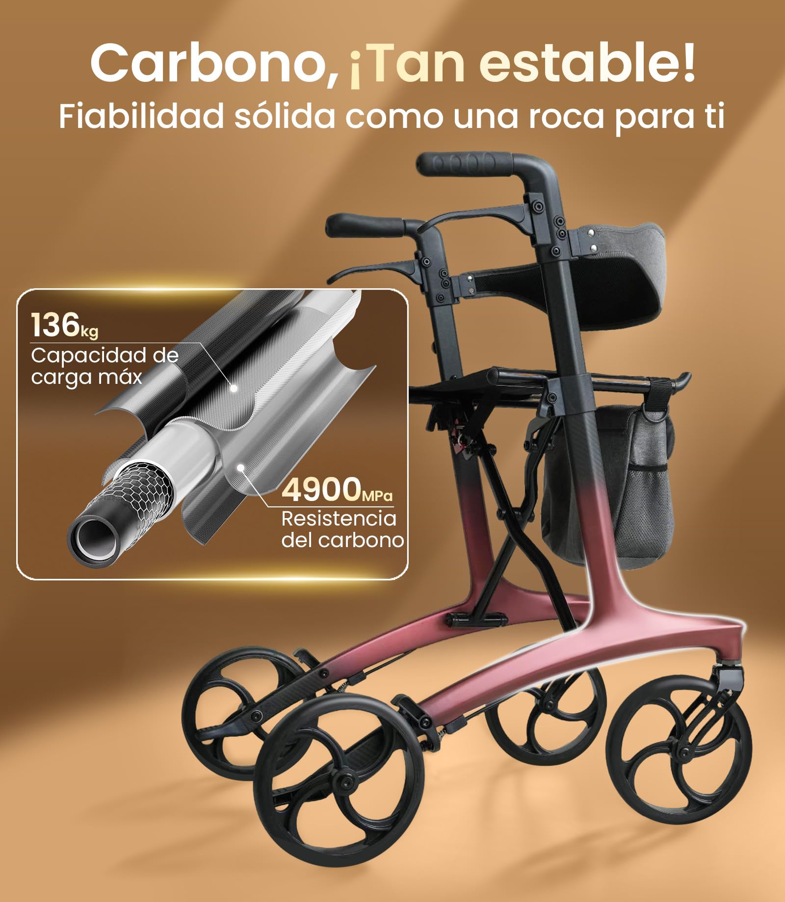 VOCIC Z75 Rollator carbono plegable ligero con asiento, 5,5 kg Ultraligero | andador plegable para ancianos con ruedas, Rollator estrecho interior & exterior, Max 136kg, 5 años de soporte, rojo