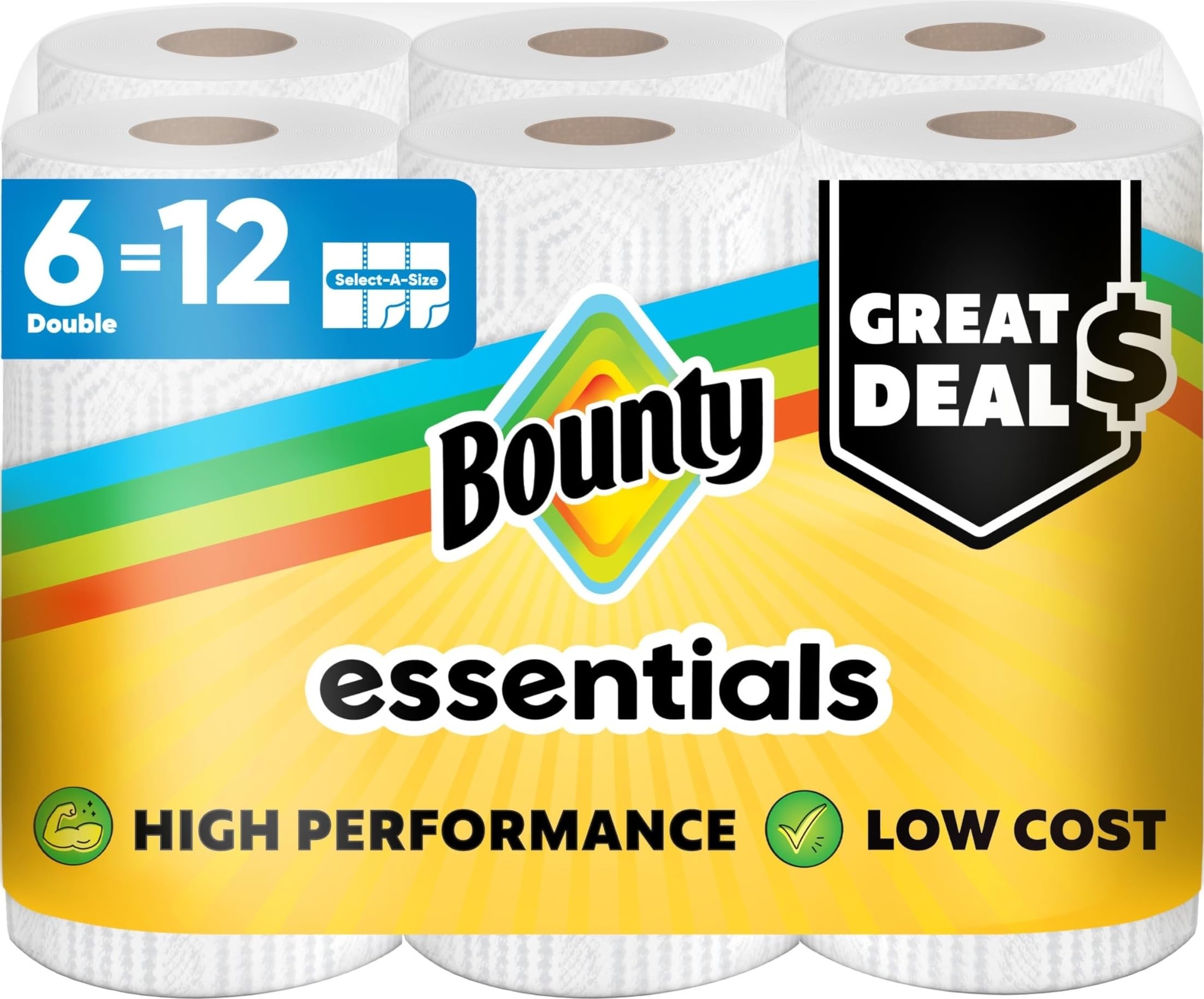 Bounty Essentials Select-A-Size Paper Towels, 6 Double Rolls, White, 108 Sheets Per Roll
