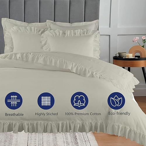 Miniatura 9 de Juego de funda de edredón de lujo con borde verde azulado con volantes, tamaño Super King, 108 x 98 pulgadas, algodón egipcio, funda de edredón