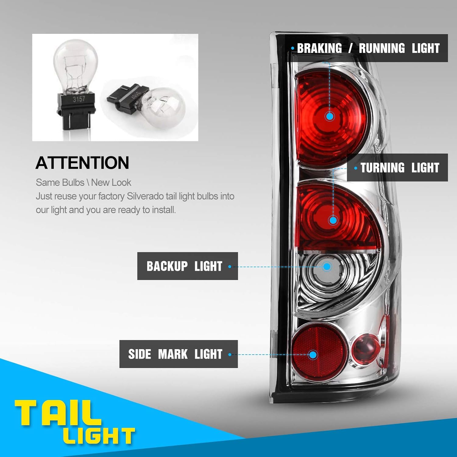 Tail Lights For 1999-2006 Chevy Silverado 1500 2500 3500/1999-2002 GMC Sierra Chrome Clear Lens Tail Lights 1 Pair Rear Lamps Replacement