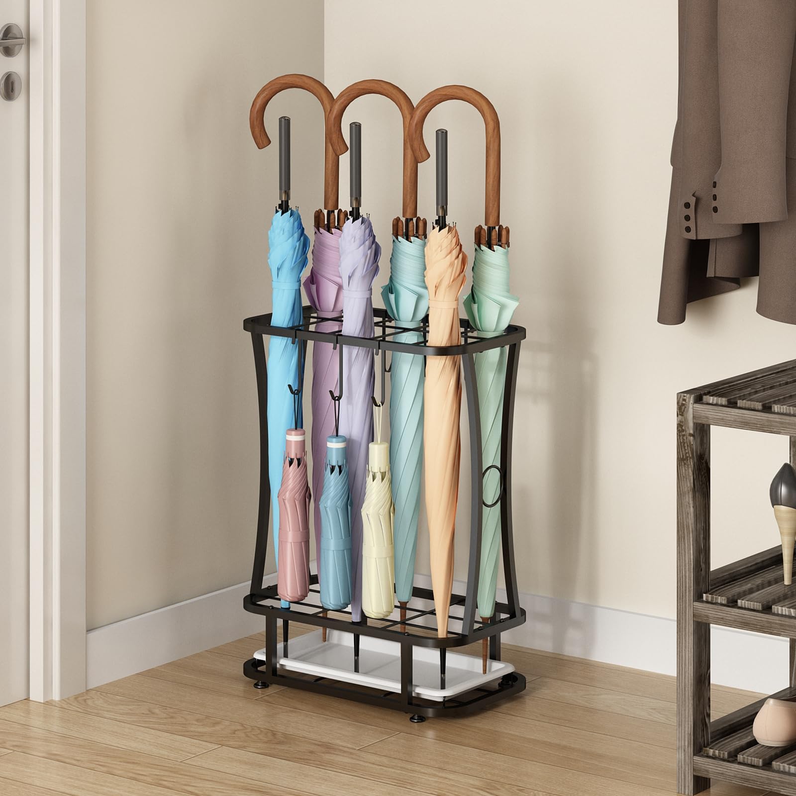 Wisdom Star Umbrella Stands for Outdoors, Metal Umbrella Stands for Entryway with Removable Drip Tray and 6 Hooks, Industrial Free Standing Umbrella Rack Organizer, Holds 10 Umbrellas, Black