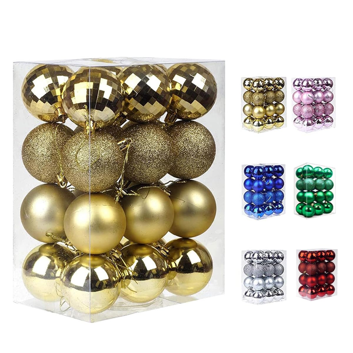 Lot de 24 boules de Noël à suspendre de 6 cm, peinture délicate sur le thème de Noël et pendentifs scintillants pour décoration de fête de Noël, mates, brillantes (doré)