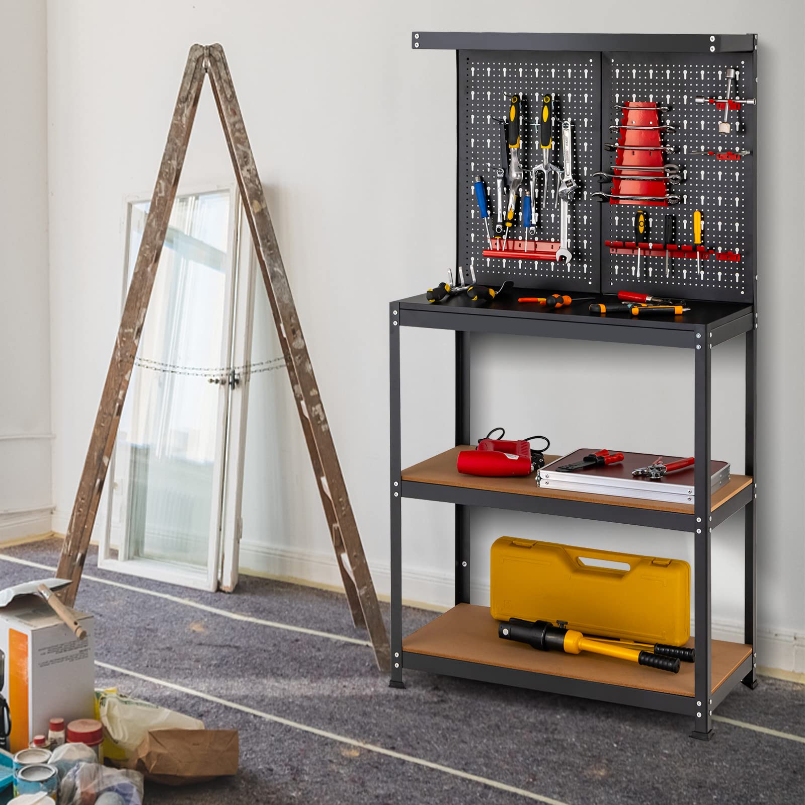 GOPLUS Banco de Trabajo Taller, Carga 100 kg, 810 x 410 x1555 mm, Mesa de Herramientas Carga con Tablero Perforado Metal, Estante Abierto, 14 Accesorios para Colgar (Negro+ Rojo Panel)