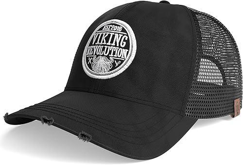 Viking Revolution Gorra negra de camionero para hombre, de malla, color negro, gorra de béisbol desgastada con velcro ajustable