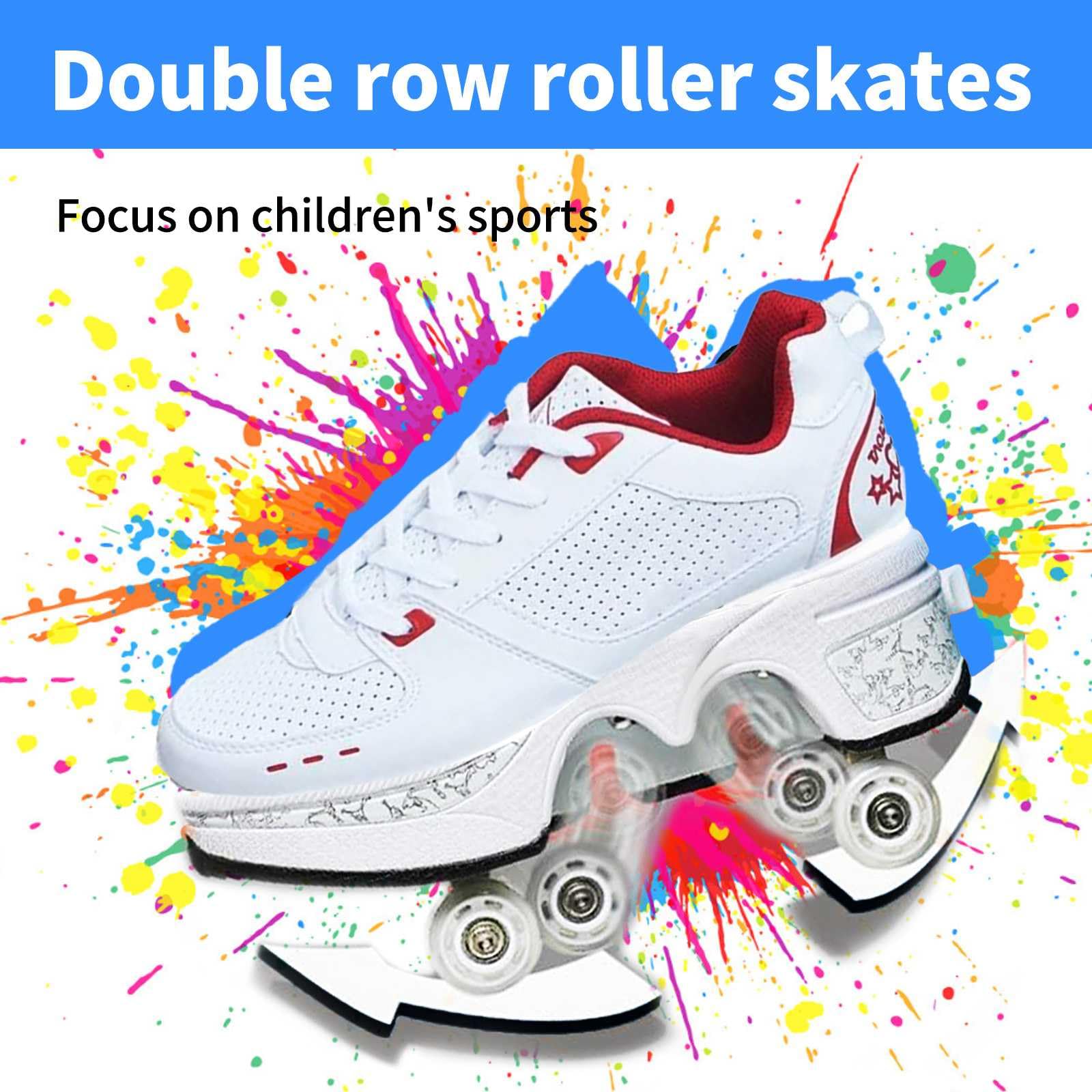 UonrvaoN Roller Skate Shoes for Girls Boys Kick Roller Shoes 2-in-1 Double-Row Deform Wheel Roller Skates Roller Skating Shoes for Kids Ages 6-12