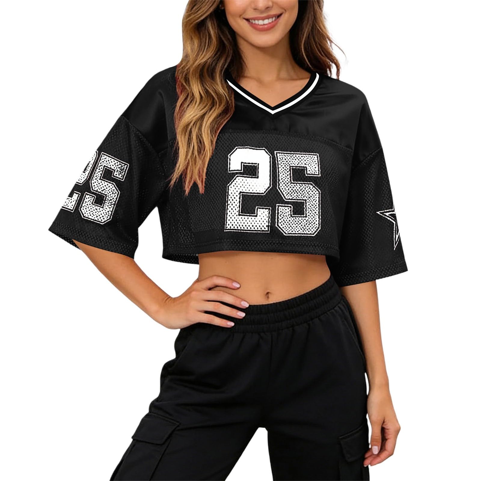 Baseball Shirt Women's Y2K Basketball T-Shirt Short Sleeve V-Neck Number Print Shirt Loose Crop Top Sexy Crop Top Cheerleader Outfit Hip-Hop Style Streetwear, O Black, XL