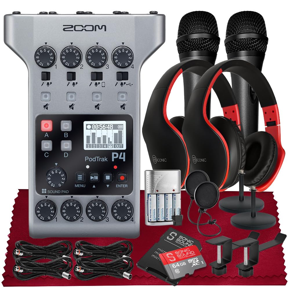 Zoom PodTrak P4 Portable Multitrack Podcast Recorder, Audio Interface w/ 4 Mic Inputs, 4…